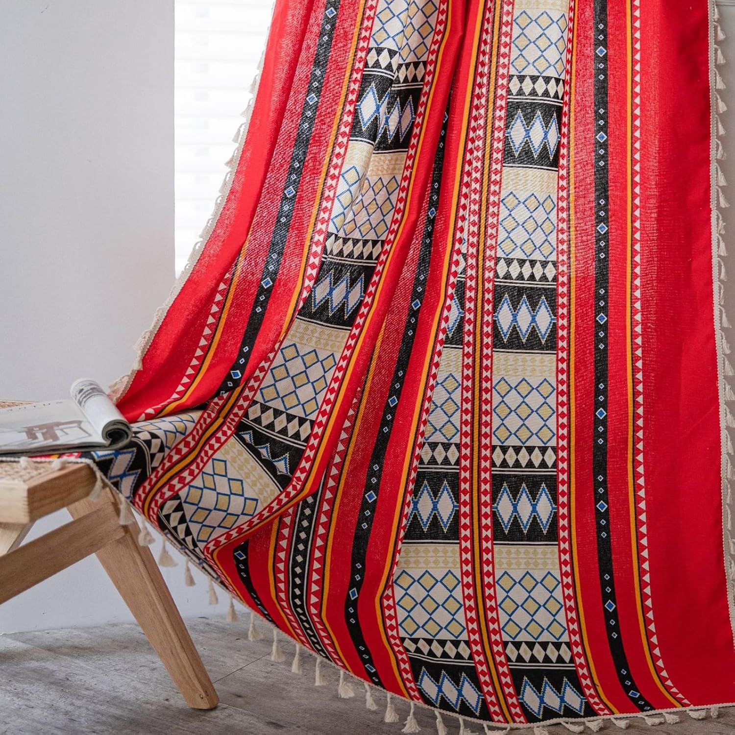 Popular Handicrafts Indian Hippie Bohemian Beautiful Tribal Geometric Mandala Curtain Panels,Vintage Farmhouse Semi- Blackout Curtains for Bedroom Living Room,2 Panels Set