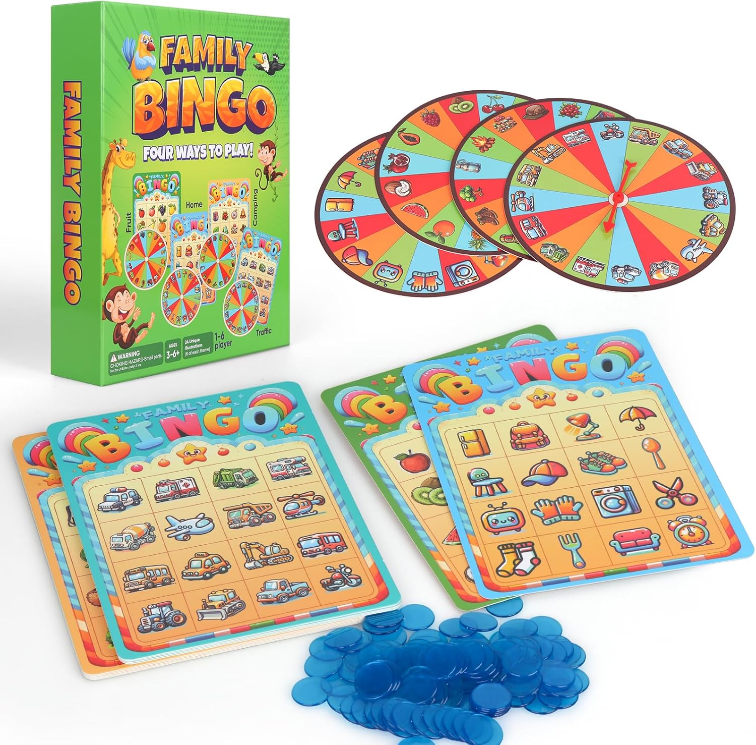 Family Bingo Game - Four Ways to Play - Traffic and Fruit,Camping and Home Bingo Board Game for Kid -Bingo Games for Kids Ages 4-8