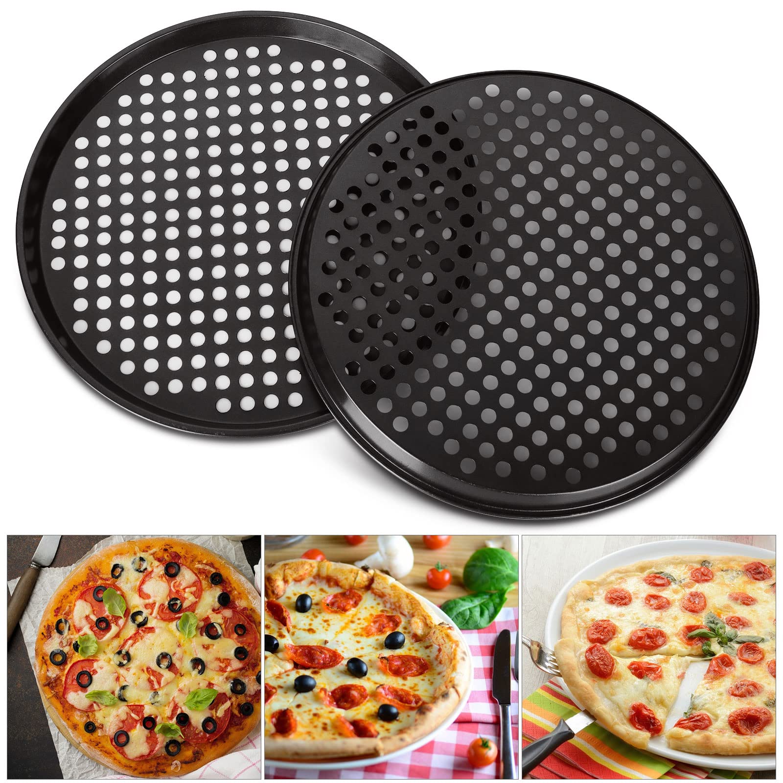 MIVIDE Paquete de 6 bandejas perforadas para pizza de 32 cm, bandeja antiadherente de acero al carbono, bandejas para hornear para horno, lata para hornear