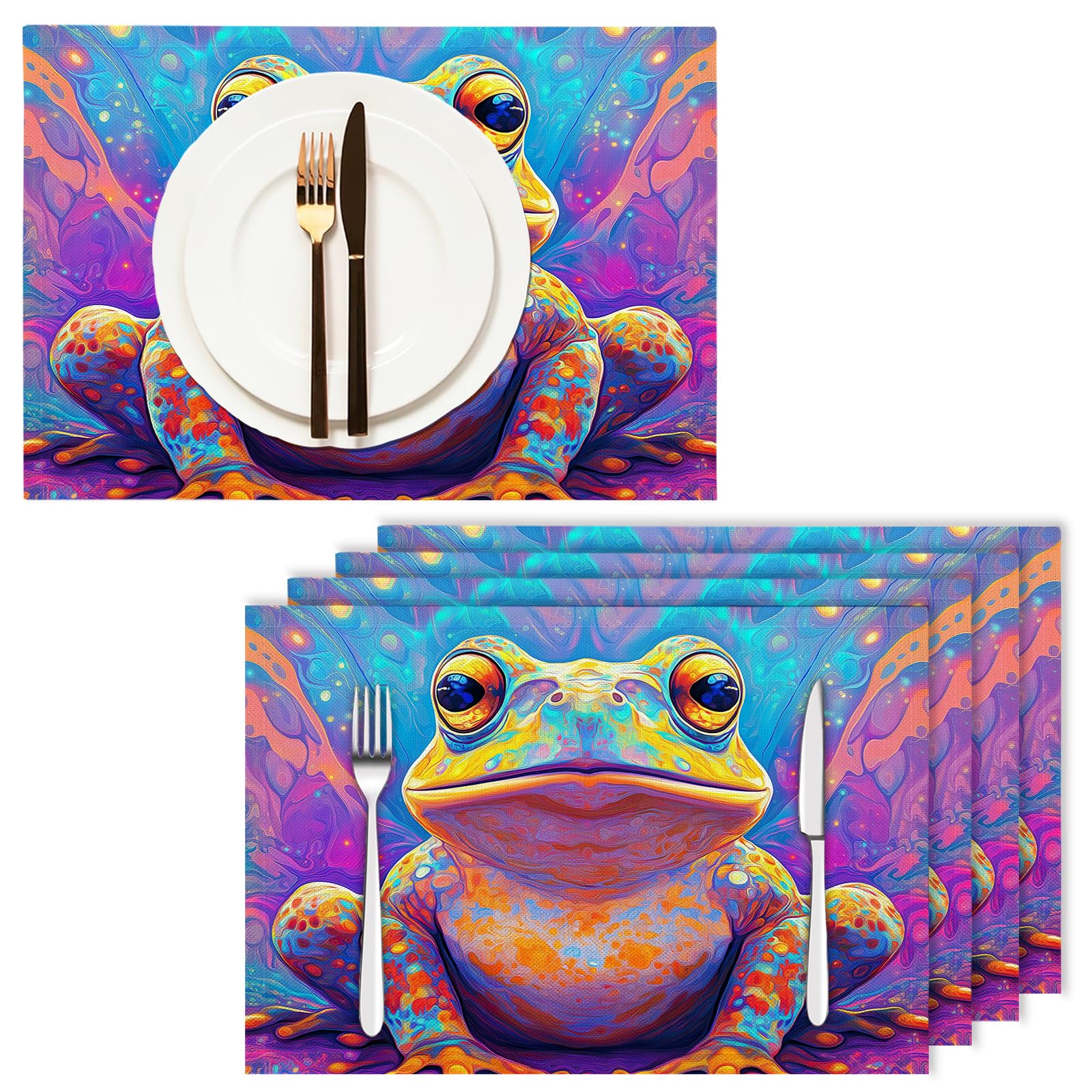 Tovaglietta Americana Fumetto in Cotone Lino Rettangolare - Tovagliette Set di 8 Rospo psichedelico Resistente al Calore per La Cucina, Il L'Ufficio, 30 x 45cm