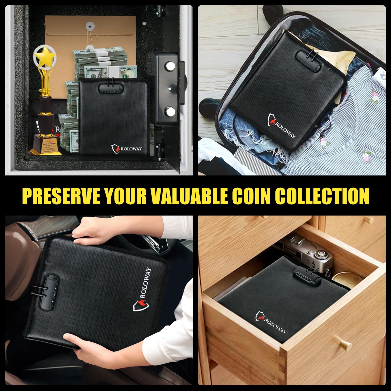 ROLOWAY Coin Collection Book 6400℉ Heat Insulated, 360 Pockets Fireproof Coin Book Holder and 36 Paper Currency Album with Aluminum Foil Layer, Money Saving Coin Collector Book with Lock (Black)