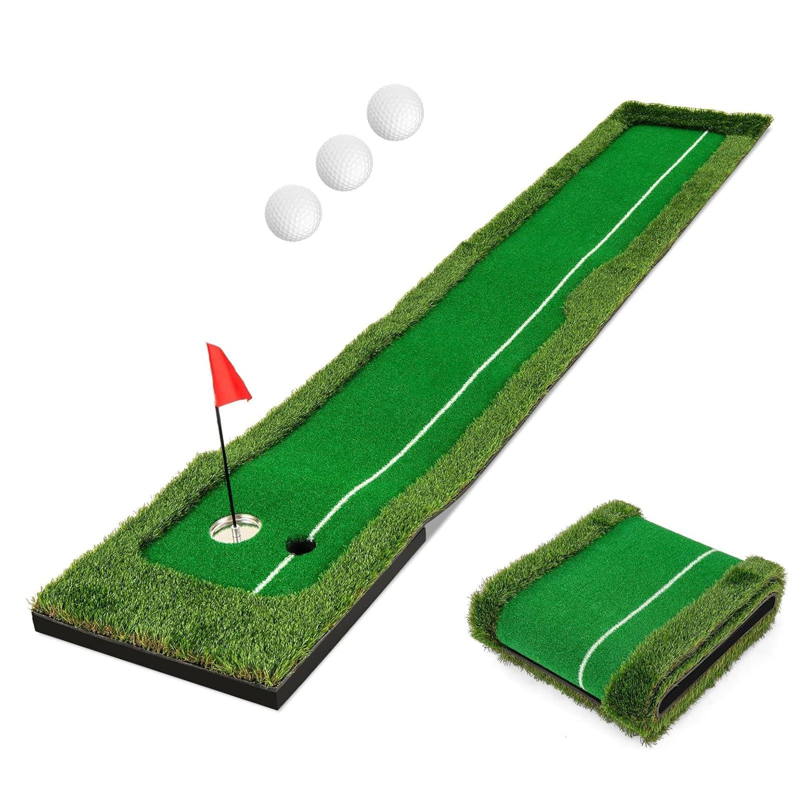COSTWAY Tapis de Putting Entraînement Golf de 300 cm, Golf Putting Gazon Artificiel avec 3 Balles de Golf et 2 Tailles de Trou pour Fête, Tapis d'Entraînement pour Intérieur/Extérieur