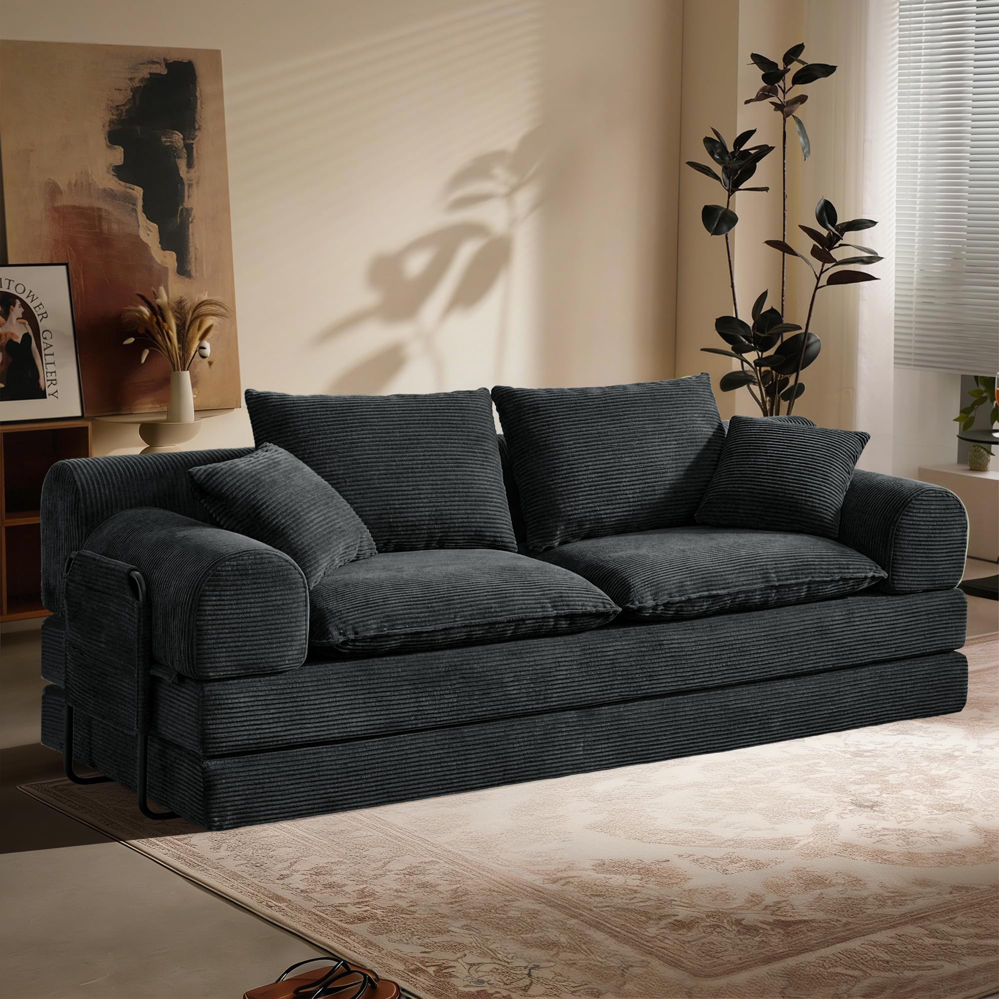 Vipbear Schlafsofa 201cm Breit, Boneless Couch mit Schlaffunktion Cord Sofa | 5-in-1 Bodensofa, 3 Sitzer Boneless Schlafcouch, Cloud Modulares Sofa Bed für Wohnzimmer Schlafzimmer Lounge Schwarz
