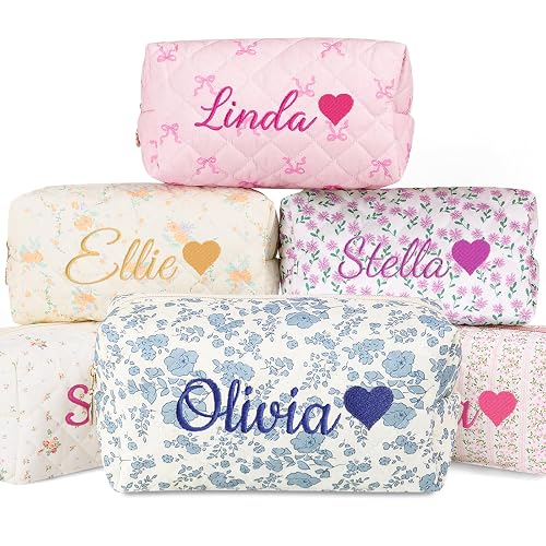 KUKULIKI Personalized Makeup Bag with Embroidered Name, Custom Cotton Floral Travel Toiletry Bag Cosmetic Bag Women Girls Bridesmaid Gifts for Wedding Day