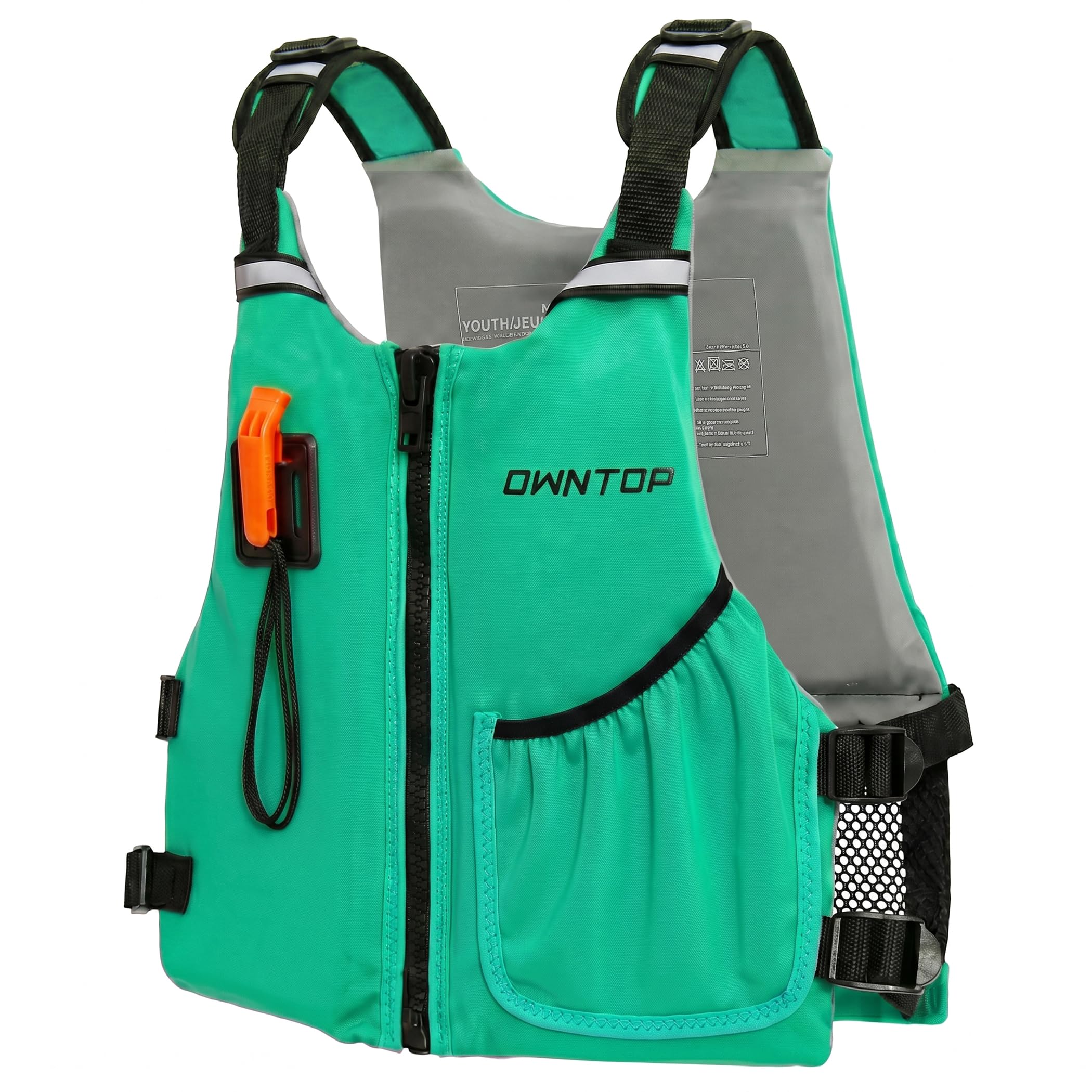 Owntop Junior Swim Vest for Kids 30-50kg, Buoyancy Aid with Whistle, Breathable Mesh Back & Pocket, Adjustable Neoprene Float Jacket for Kayaking, & Swimming, Boys & Girls 6-13 Years（Green，L）