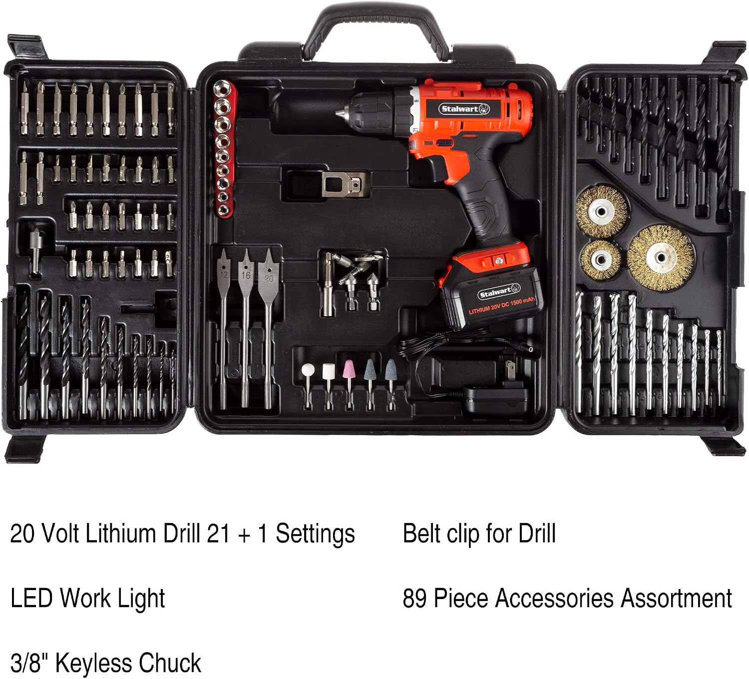 Exсluѕіvе Sресіаl Stalwart - 75-PT1040 20V Cordless Drill with Rechargeable Lithium-Ion Battery and 89 Piece Accessory Set - Portable Power Tool with Bits, Drivers and Brushes Red