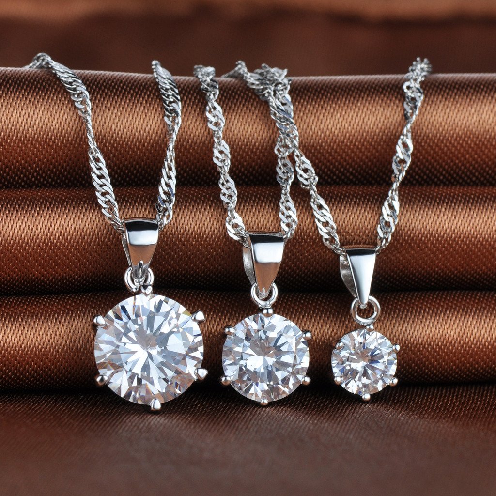 Collana e ciondolo con incastonatura ad artiglio in argento sterling 925 e zirconia cubica, 3 misure