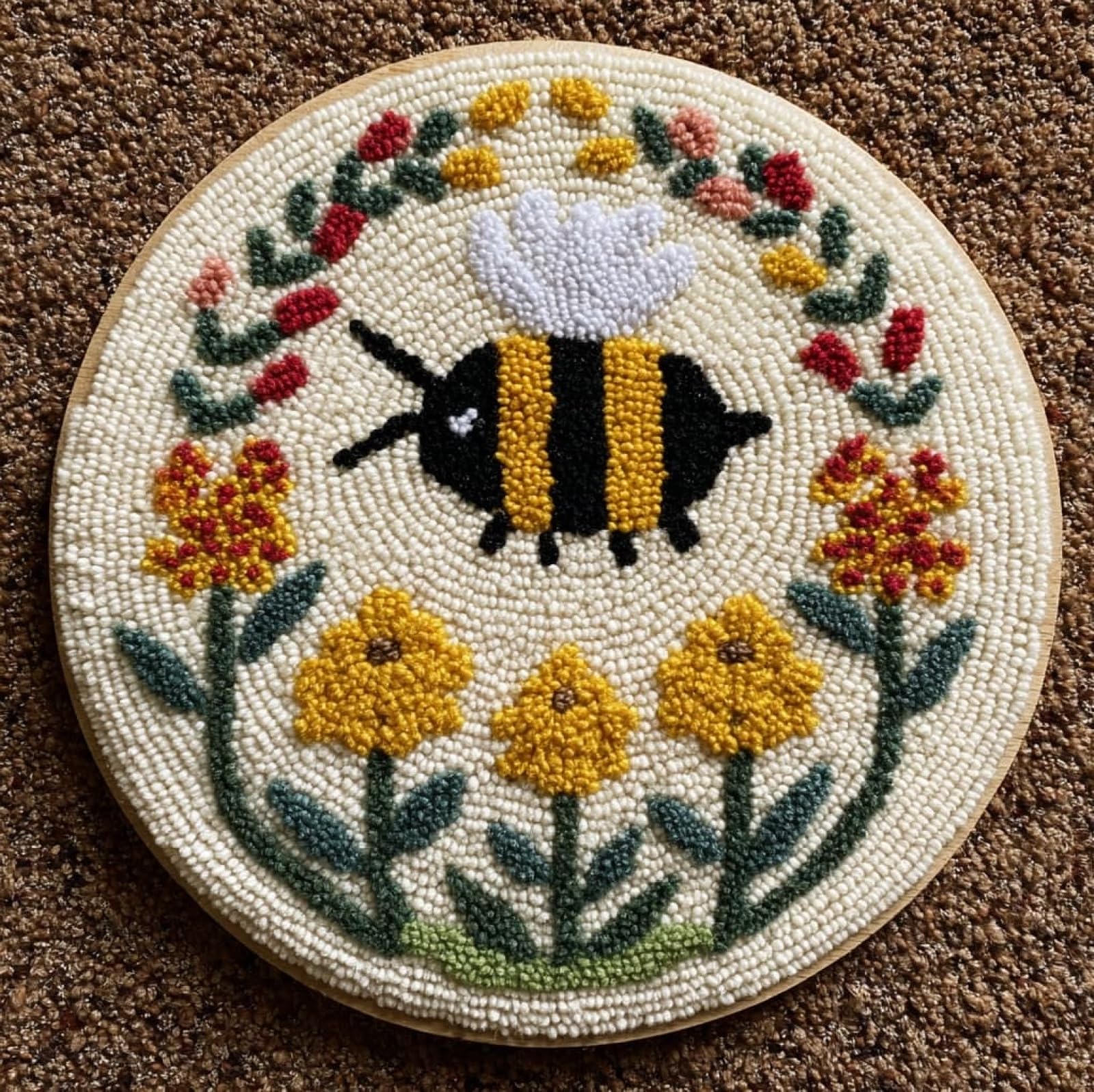 WallustrioaW DIY Carpet Latch Hook Kits,Bees and Flowers,Latch Hook Rug Kits for Adults Beginners DIY Needlework Crocheting Rug Home Decor,50x50cm