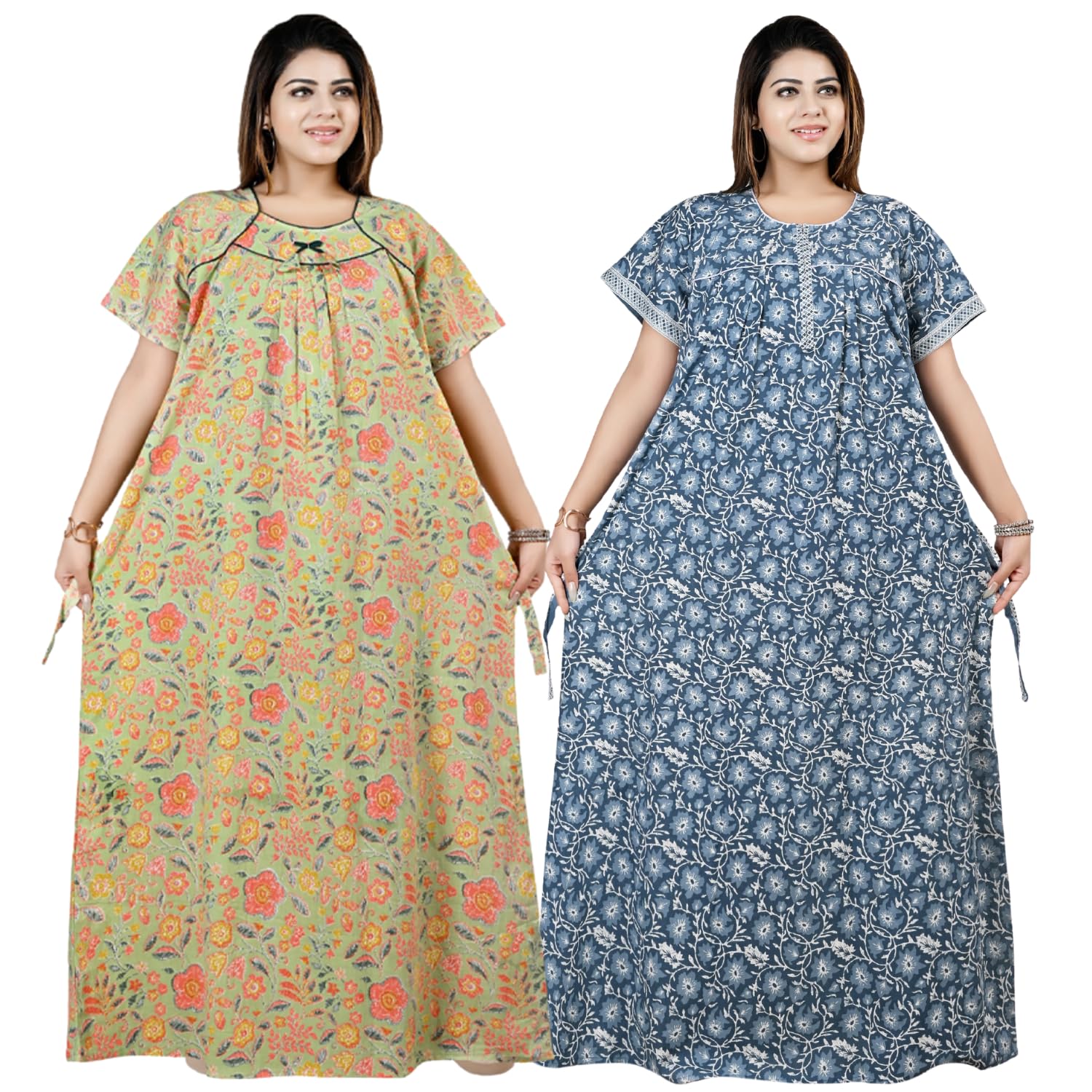 Cotton Nighty Maxi Plus Size Women | Floral Printed Full Length Cotton Night Gown | Soft, Breathable Nightwear Loose Fit Nighty XXL-4XL (Pack of 2)-picture-32