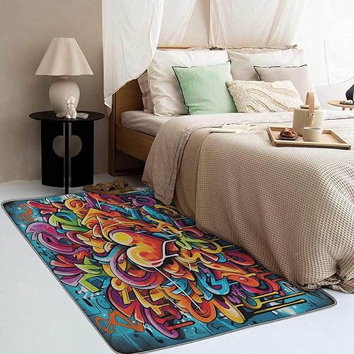 Miniatura 2 de Alfombra de graffiti de 3 x 4, alfombras coloridas para entrada, dormitorio, sala de estar, lavable, antideslizante, suave, alfombra pequeña de pelo