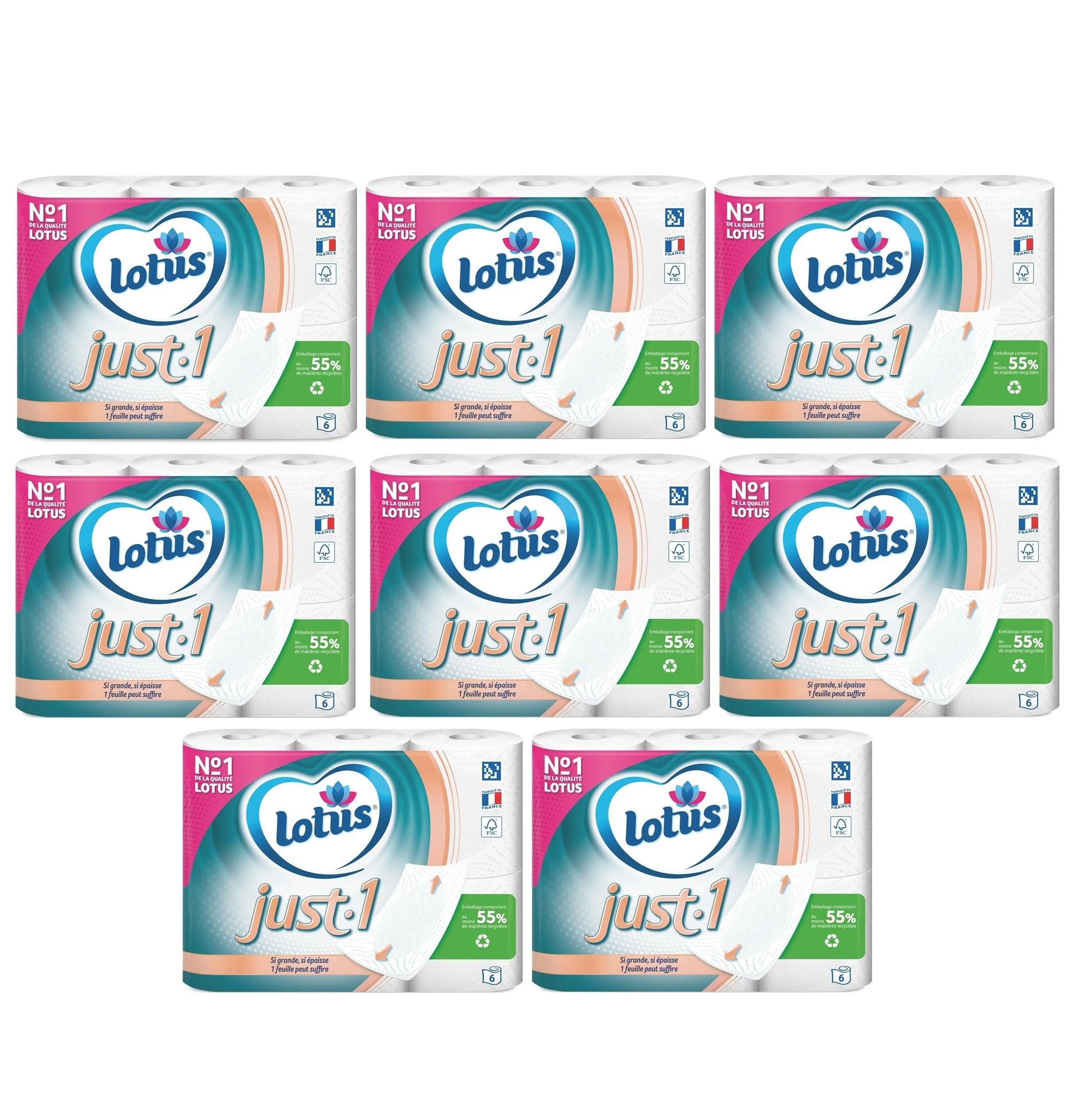 Lotus Just 1, carta igienica bianca, 6 rotoli, ultra morbida, di alta qualità, confezione da 8