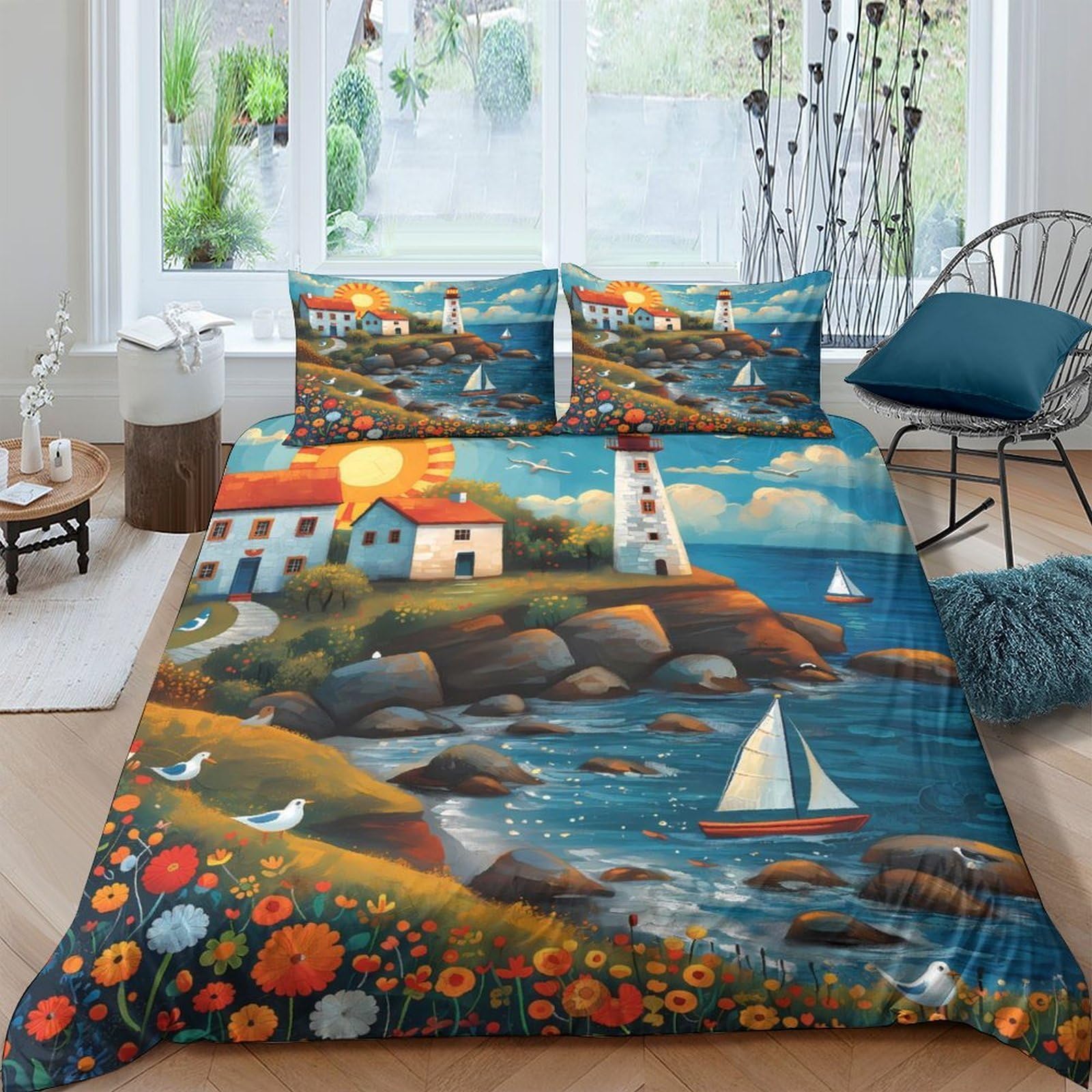 Ctjqhvkz Style-6 3D Printed Seaside Lighthouse Fitted Sheet Microfiber Soft Breathable Coastal Sailboat Mattress Cover For Bedroom Guest Room Decor Single（135X200cm）