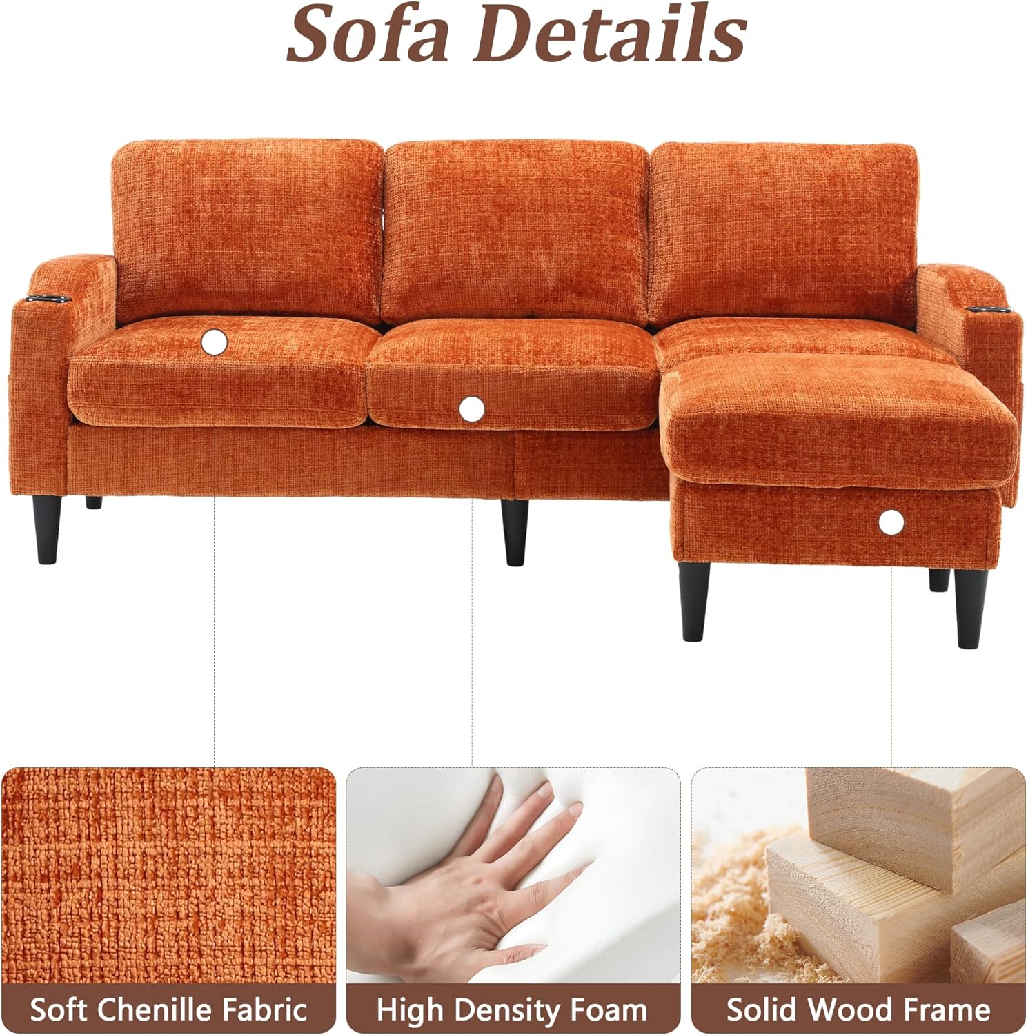 L-Shaped Sectional Sofa, Convertible Sectional Deep Seat Couch with Storage Ottoman, Chenille Fabric Upholstered Recliner Sofa 3 Seater Sofa with Cup Holders for Living Room, Orange