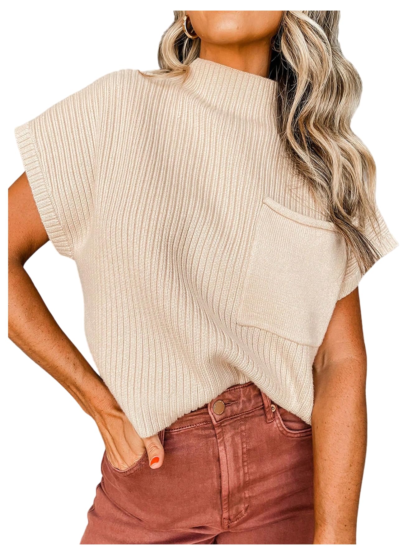 Verdusa Womens Mock Neck Dolman Short Sleeve Sweater Lightweight Loose Knitted Pullovers