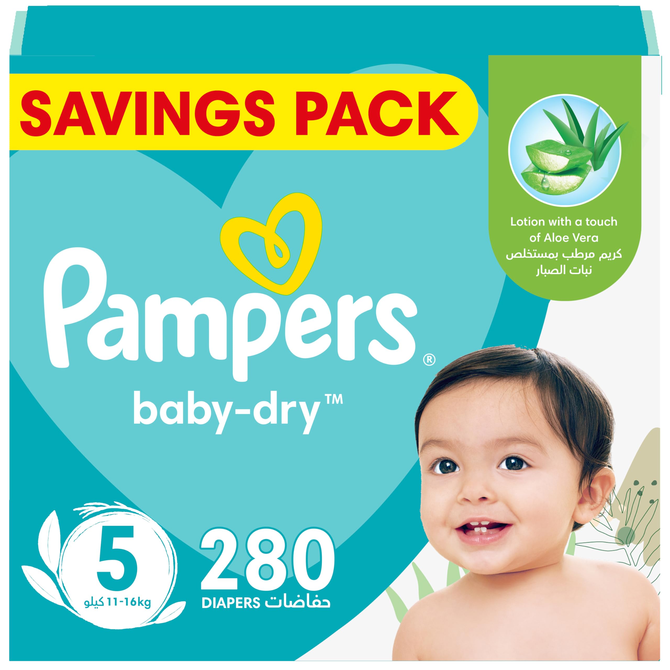 Baby-Dry Taped Diapers with Aloe Vera Lotion, up to 100% Leakage Protection, Size 5, 11-16kg, 280 Count