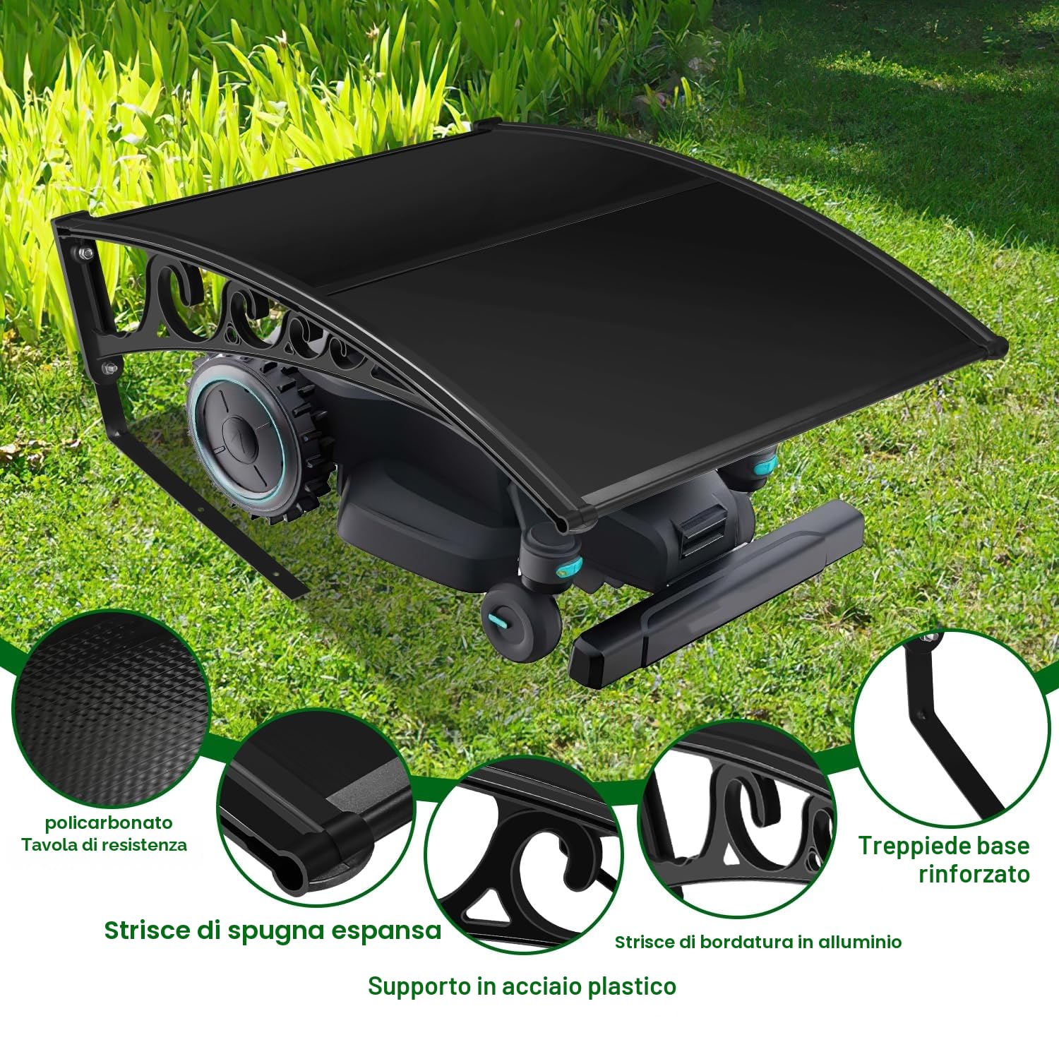 Tettoia per robot tosaerba con strisce in spugna di schiuma, 106 x 87 x 50 cm, in policarbonato, protezione antipioggia da pioggia, grandine e raggi UV (nero)