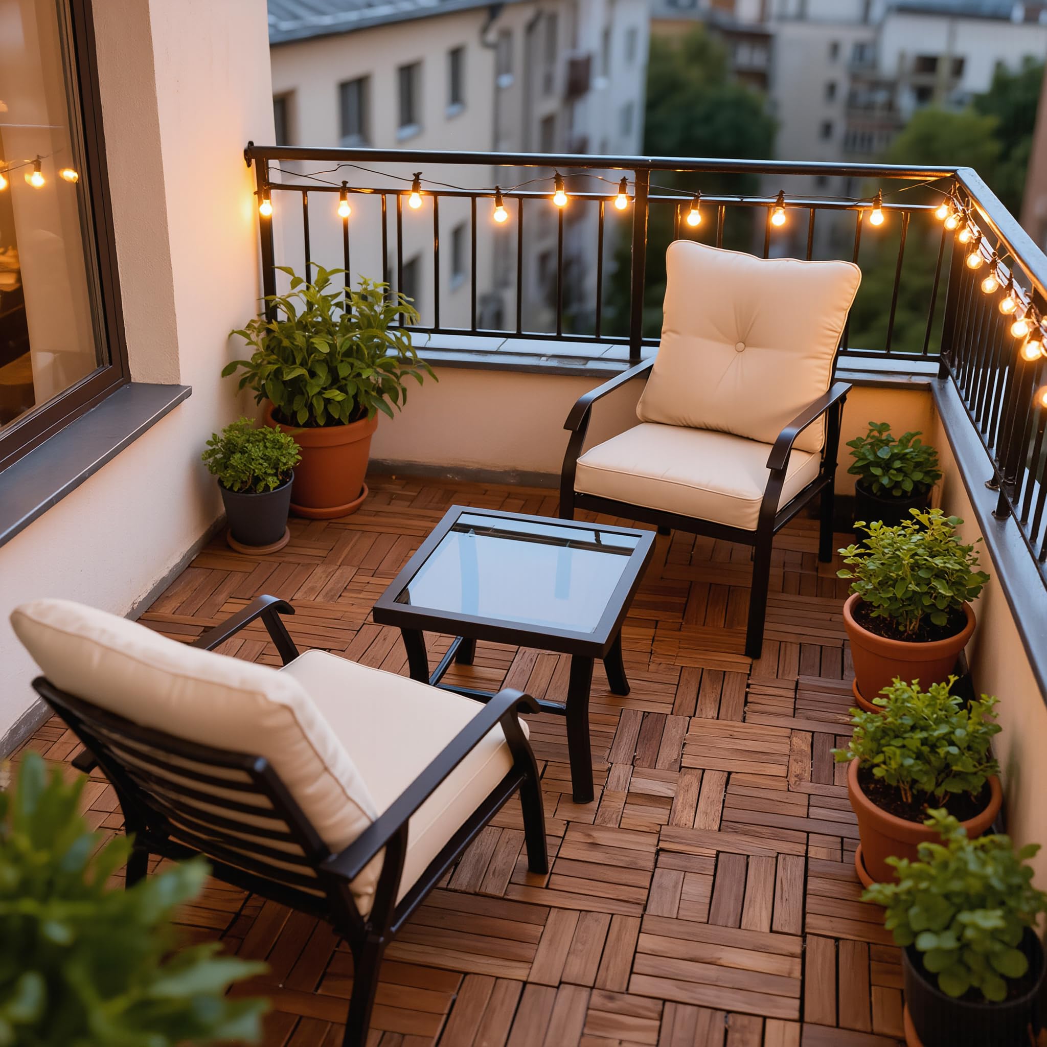 Set Bistro da Giardino 3 Pezzi BORA BORA – 2 Poltrone con Cuscini Beige + Tavolino Quadrato 50x50 cm Piano Vetro Temperato – Arredo Outdoor Balcone Terrazzo – Struttura Acciaio Marrone