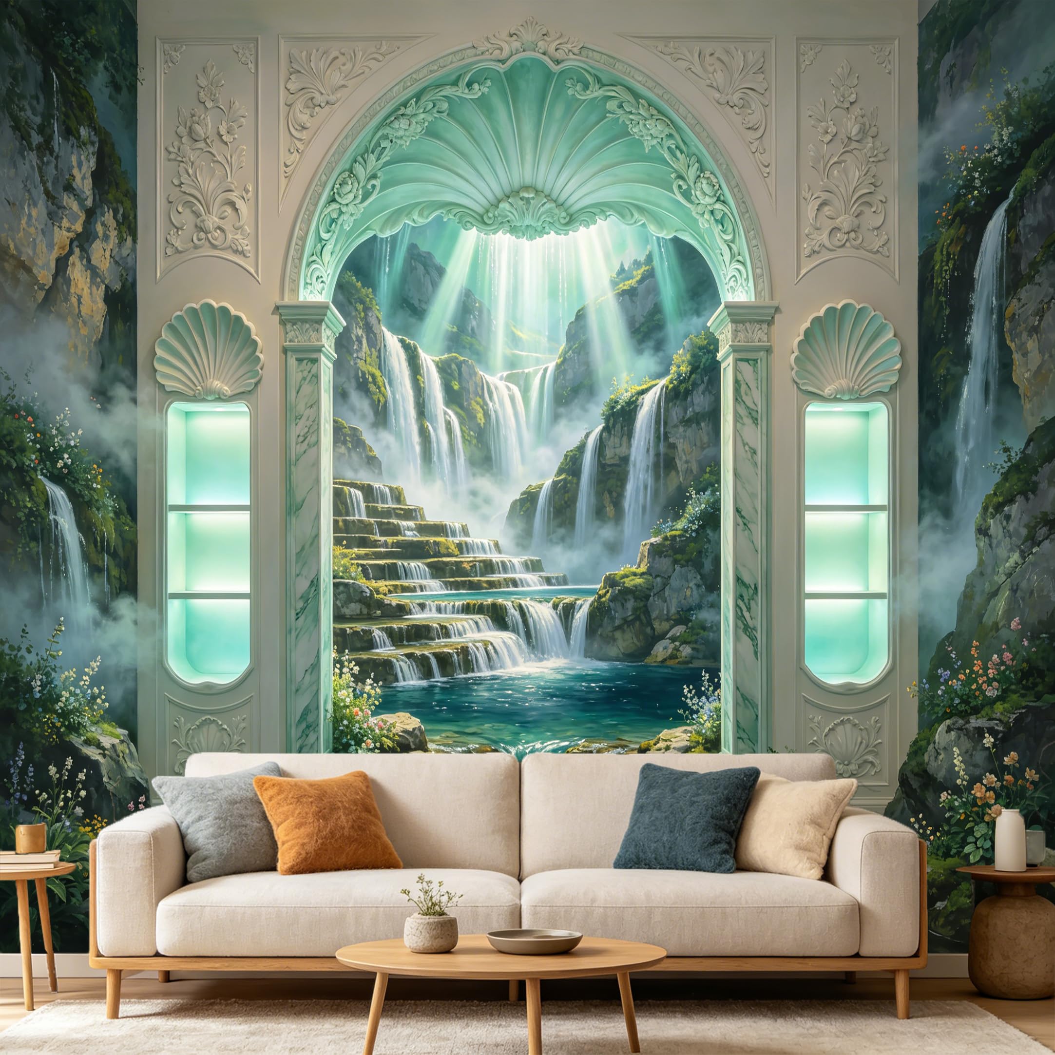 Custom Size Wall Mural， 3D Trompe L'Oeil Waterfall Mountain Lake Archway Scenery， SelfAdhesive Art Prints wall Fabric Removable Large Wallpaper Home Living Room Decor