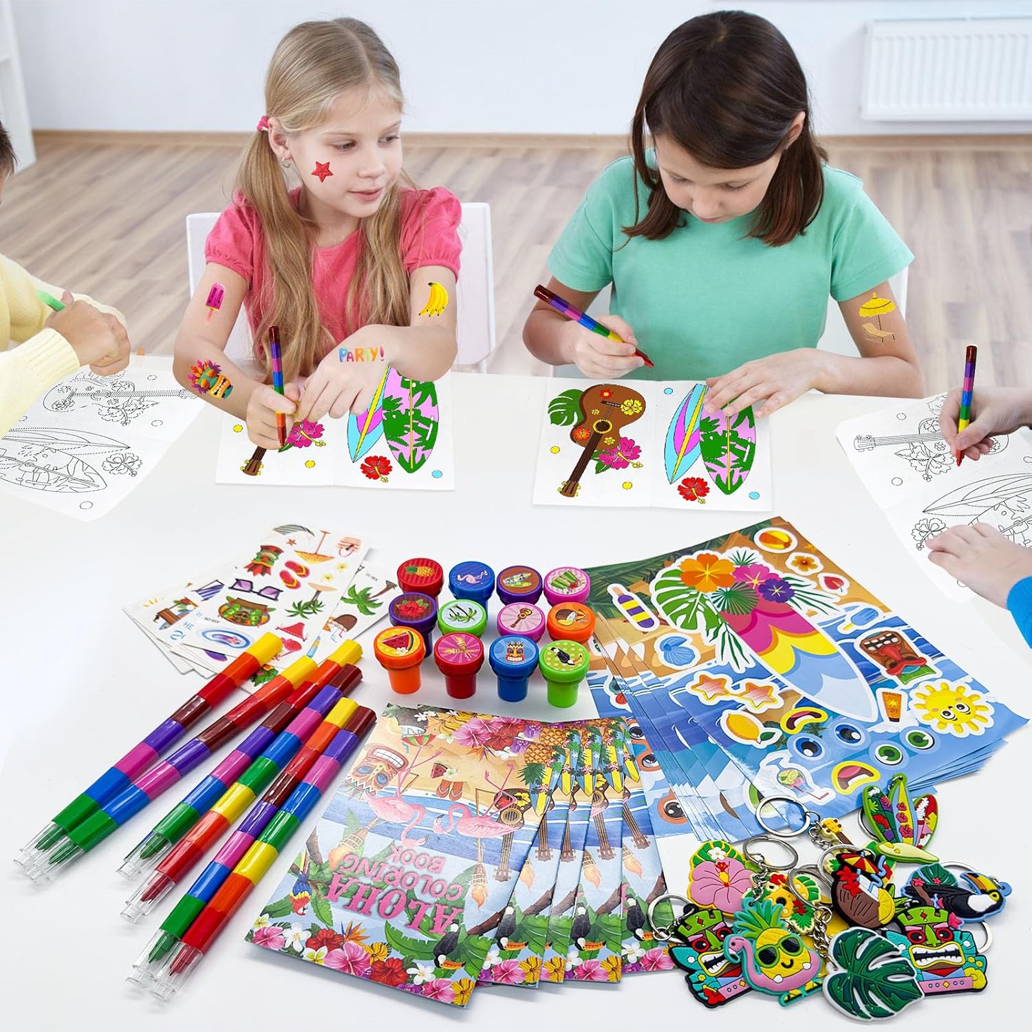 Cinrobiye 72 Pcs Hawaiian Luau Party Favors, Tropical Moana Flamingo Coloring Books Bulk, Aloha Tiki Summer Birthday Goodie Bag Fillers, Tattoos Stickers Stampers Prizes for Beach Pool Party