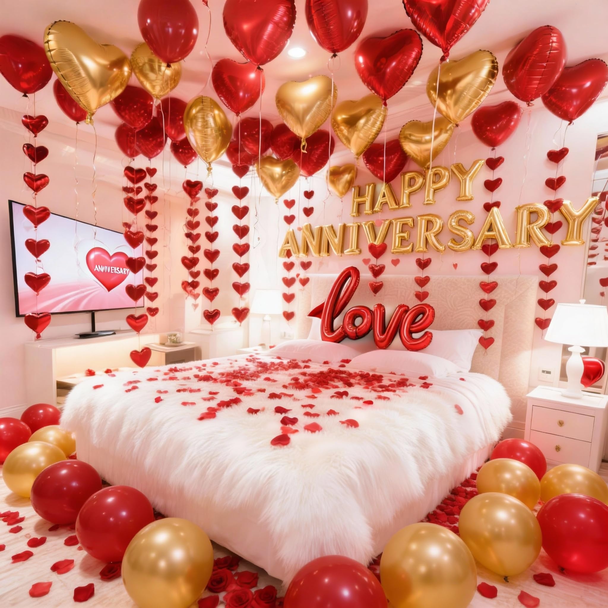 Anniversary Decorations, Happy Anniversary Banner, Hanging String Hearts, Red and Gold Balloons, Love Balloon, Red Silk Rose Petals for Wedding Bridal Shower Bachelorette Party Decorations