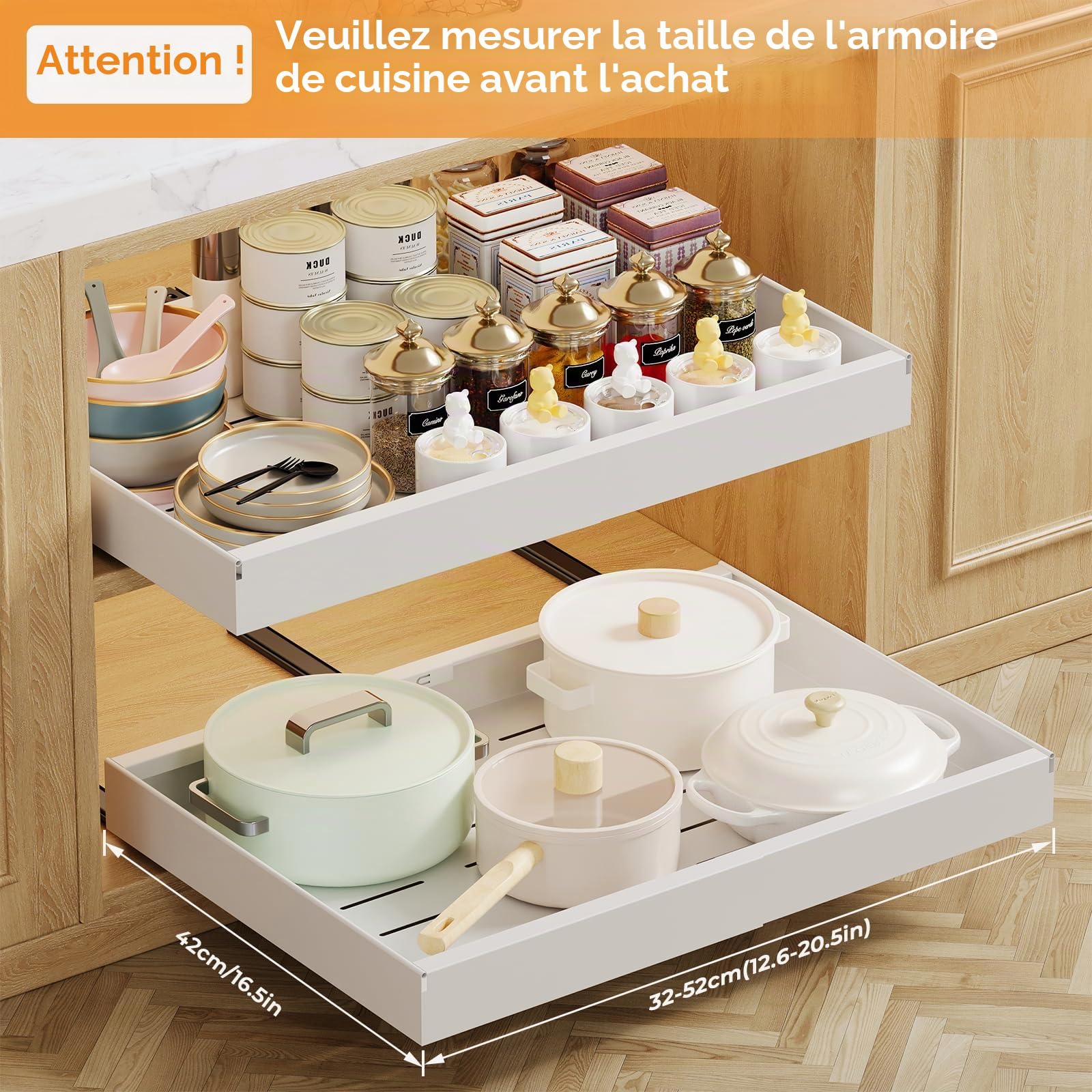Lot de 4 tiroirs télescopiques - Largeur : 32 à 52 cm - Organiseur de placard extensible avec système de rail - Tiroir coulissant - Armoire de cuisine pour organisation de cuisine - Blanc