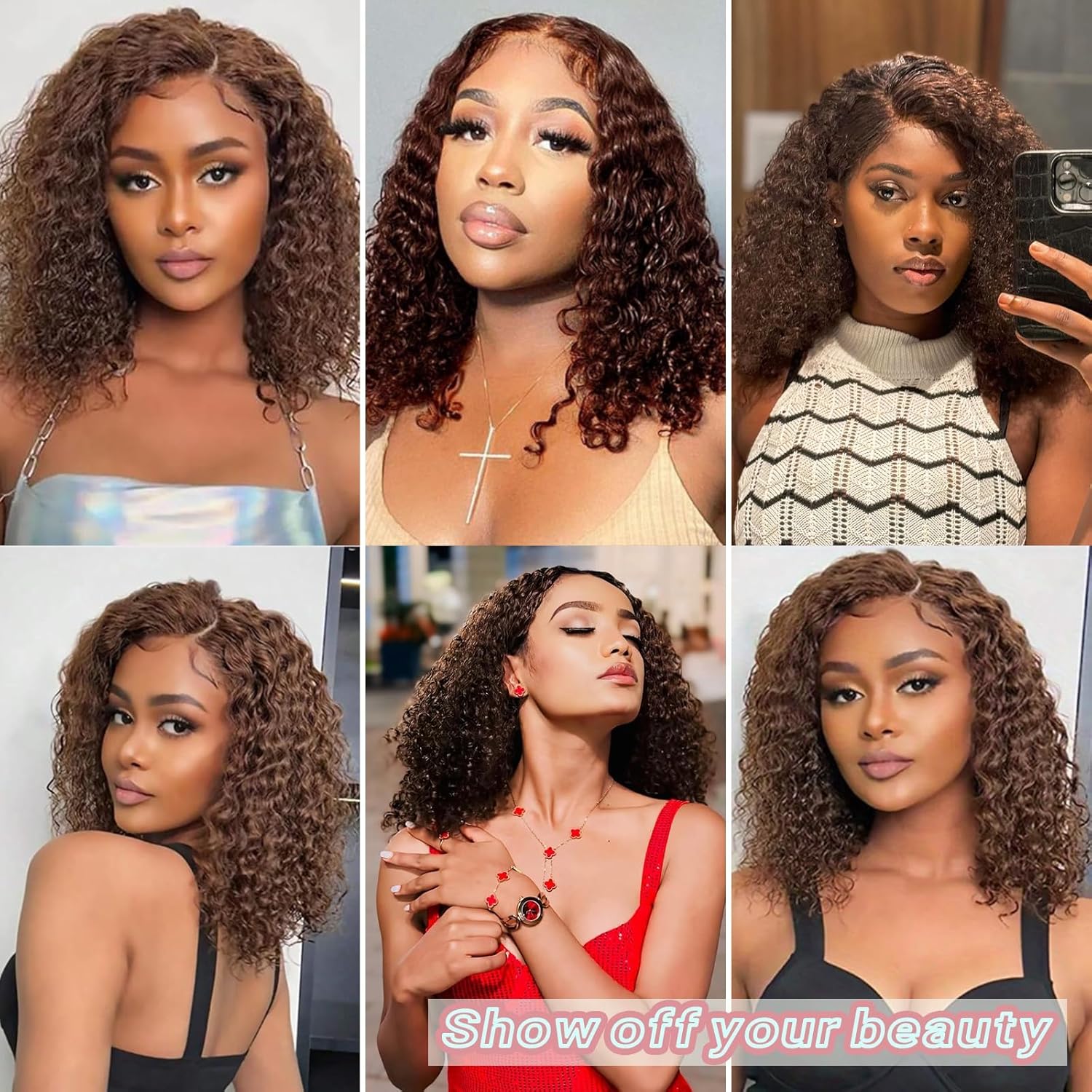 Closure Bob Wig Human Hair Chocolate Brown Glueless Wigs Human Hair Pre Plucked Pre Cut Short Glueless Wig Middle Part Curly Bob Wig Water Wave Lace Frontal Wigs Human Hair For Black Women 14Inch