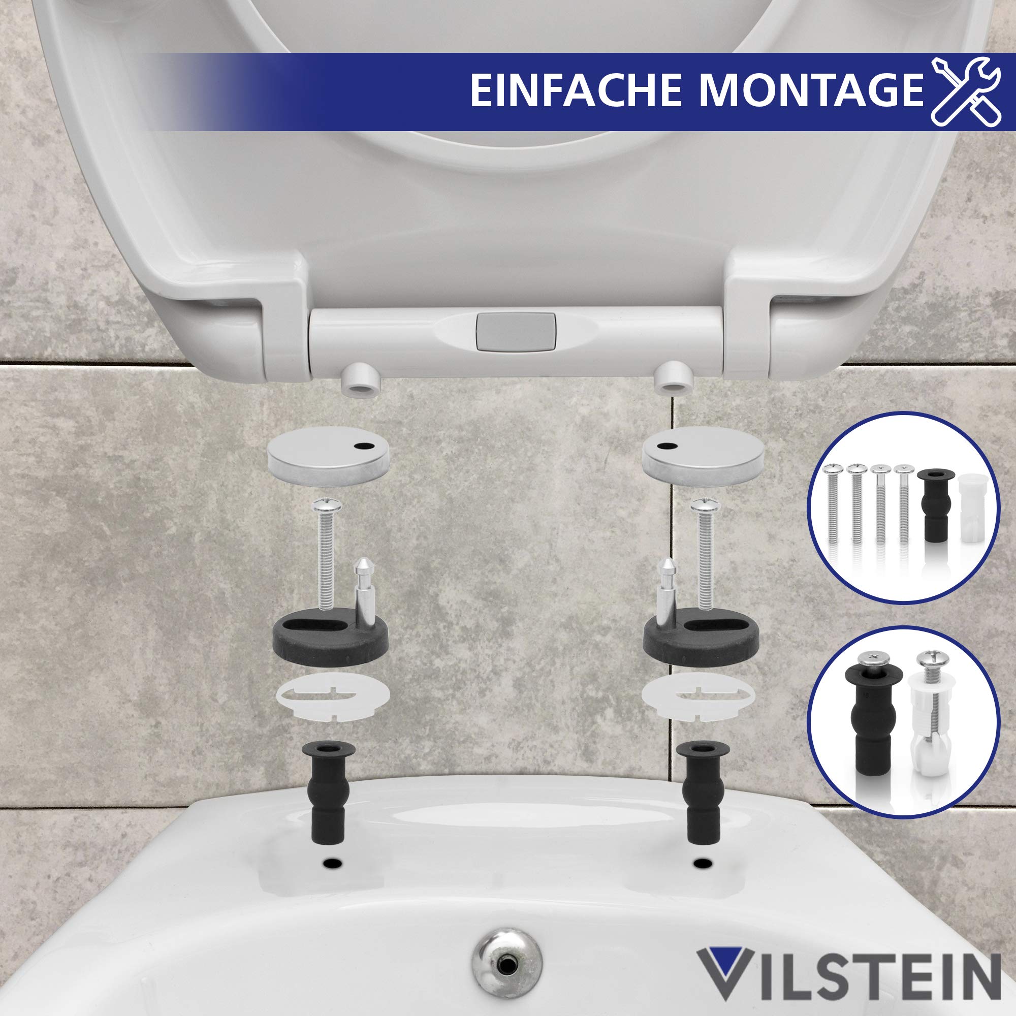 VILSTEIN Toilettendeckel mit Absenkautomatik, Edelstahl Befestigung | Abnehmbar, Softclose, Toilettensitz Klodeckel Klobrille WC Sitz in Weiß