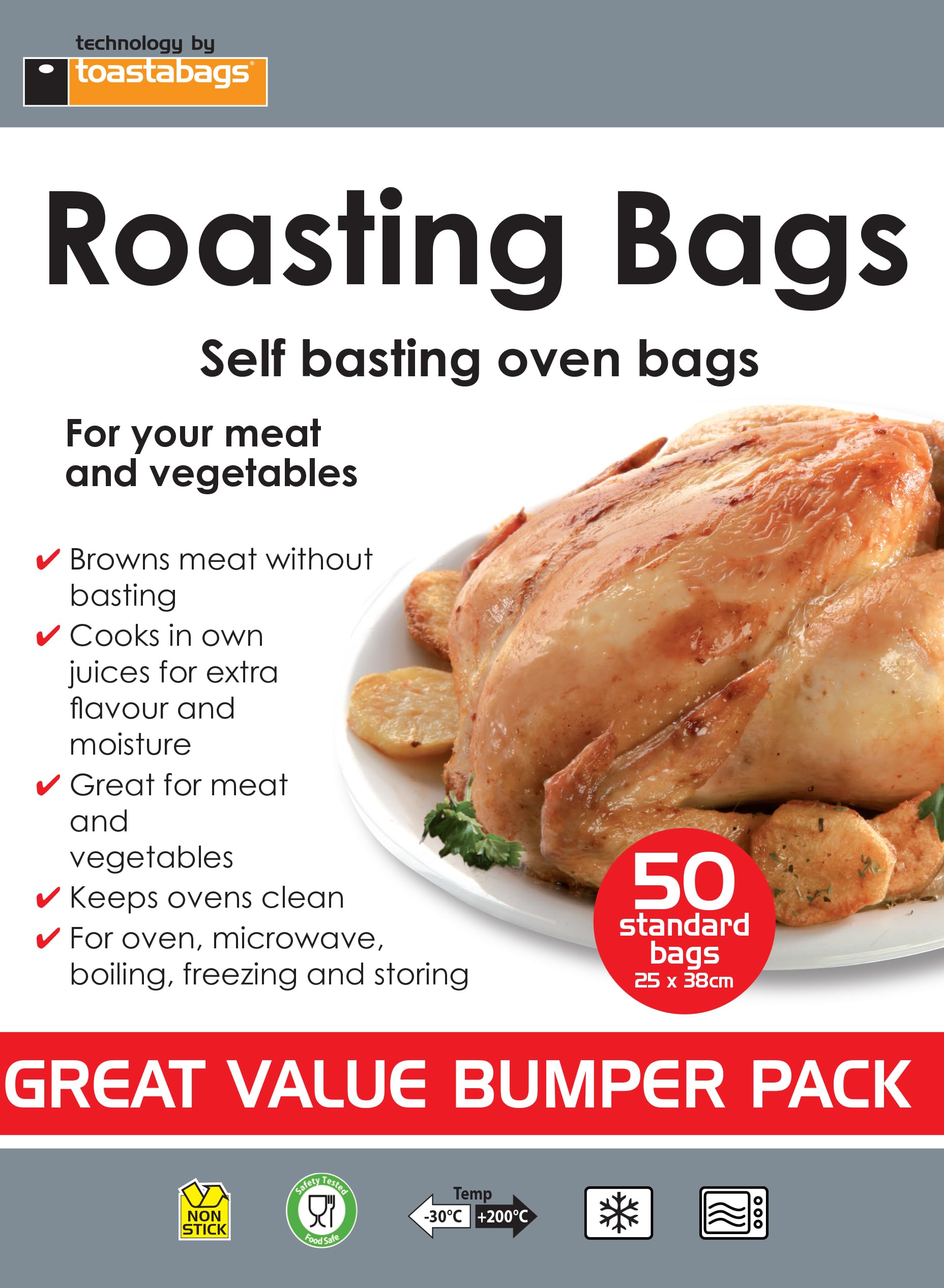 Toastabags Oven Roasting Bags Standard 25x38cm (50 Pack) – Juicy, Tender Roasts – Mess-Free Cooking – Ideal for Chicken, Meat & Vegetables
