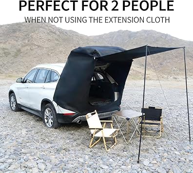 Universal Car Tailgate Tent 2-4 Person,Windproof Rainproof Sunshade Blackout Oxford Canopy Shelter Waterproof 2000+ Camping Awning for SUV (Black)