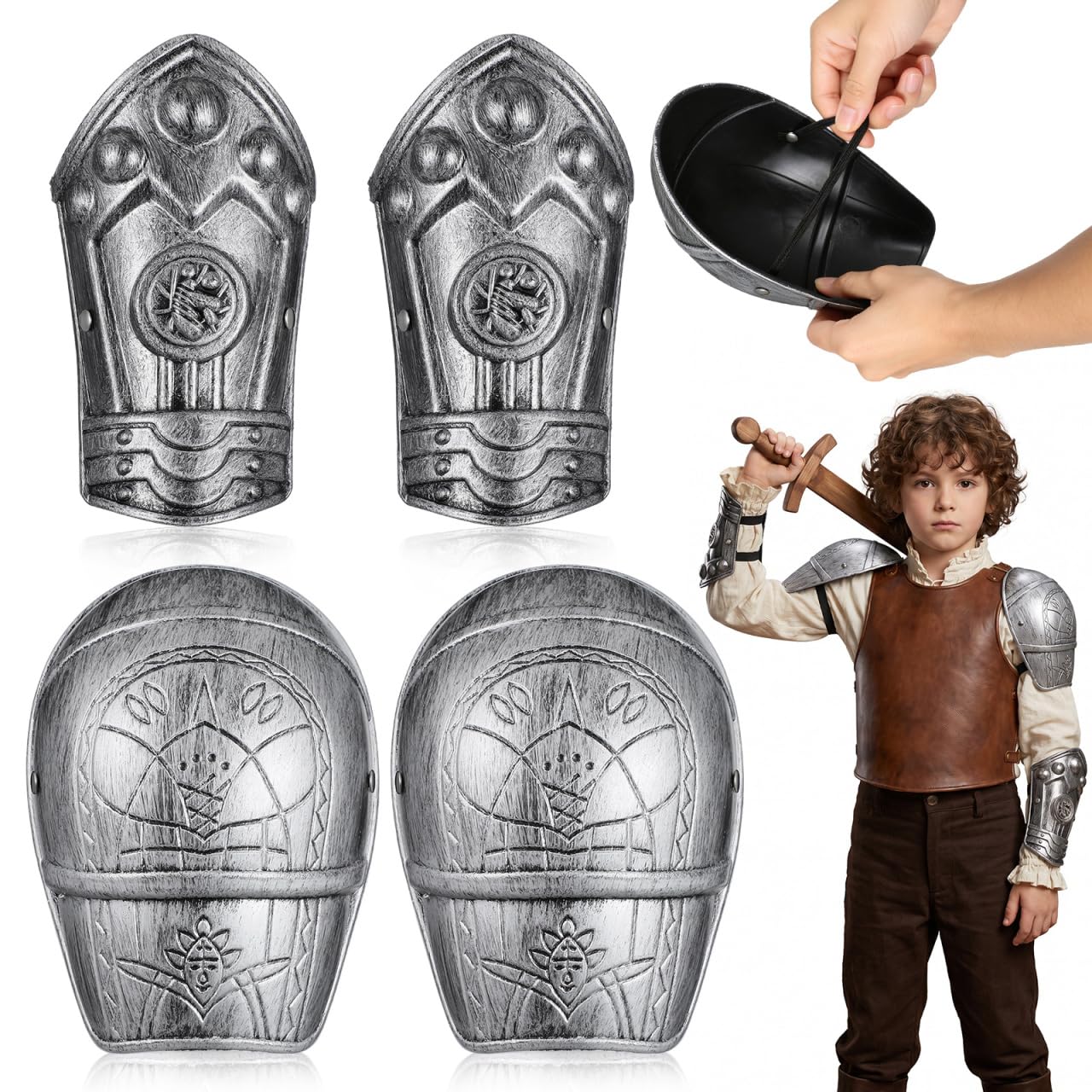Healeved 4-Piece Roman Armour Set, Silver Shoulder Pads and Arm Guards