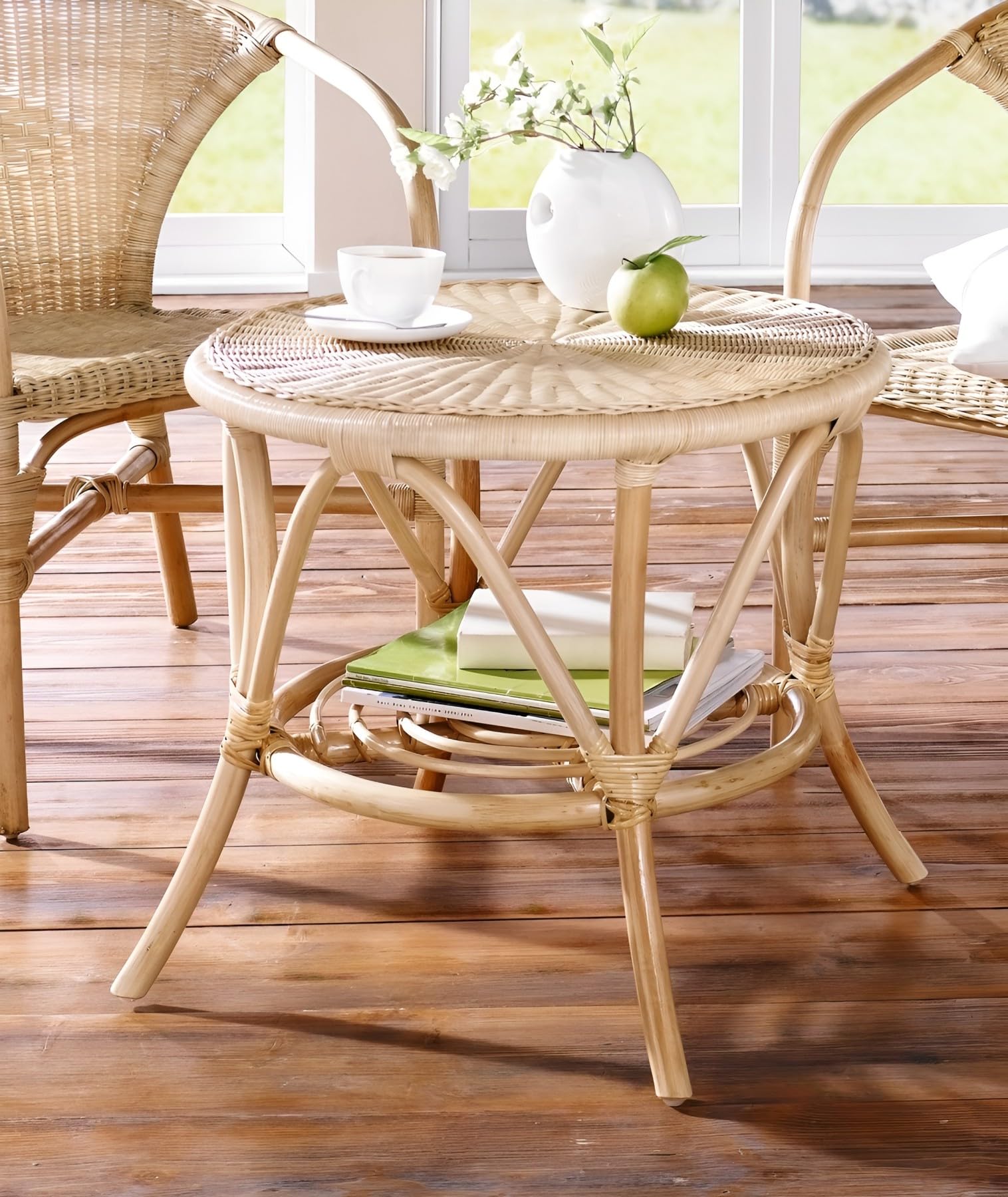 Dekoleidenschaft Table d'appoint en rotin laqué naturel, ronde, Ø 62 cm, table d'appoint, table basse, table de salon