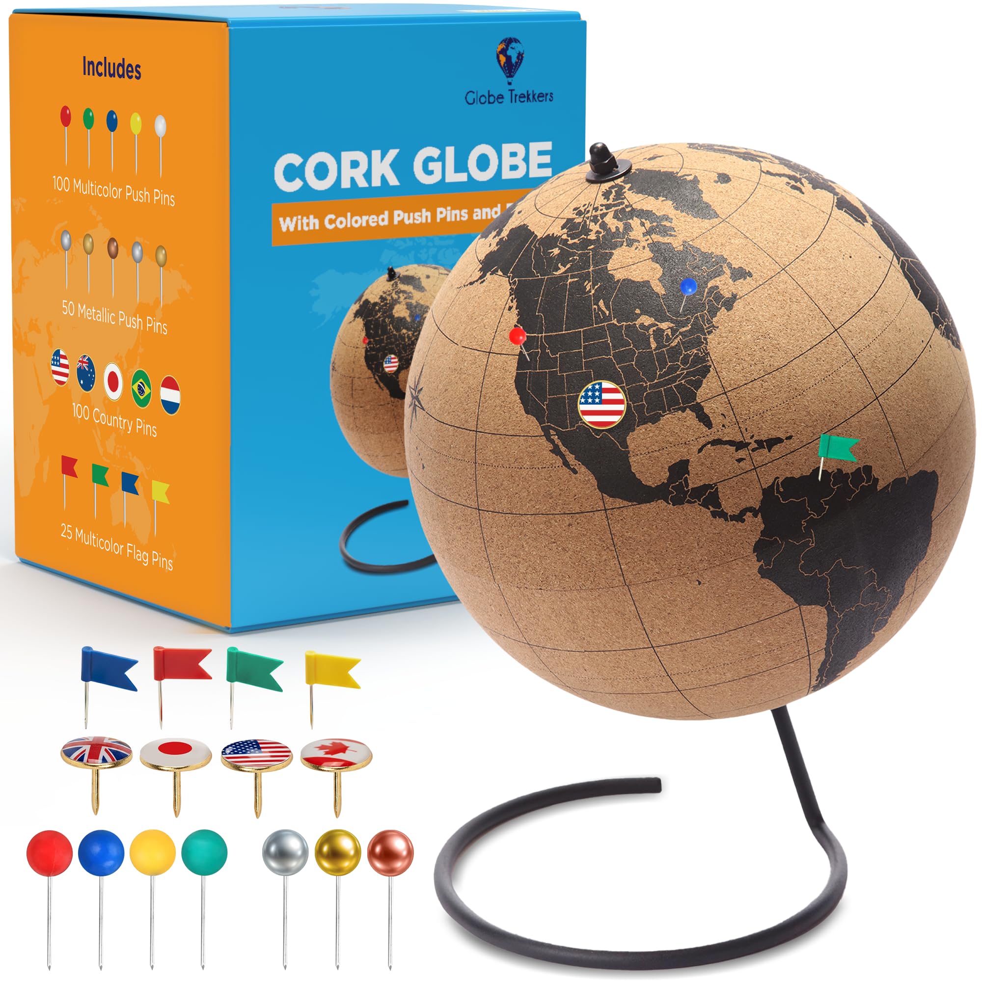 Globe Trekkers - Large Cork Globe with 100 Different Colored Push Pins & Durable Steel Base - 10 Inches | Great for Mapping Travels & Educational Purposes | Does Not Have Plastic Strip Like Most