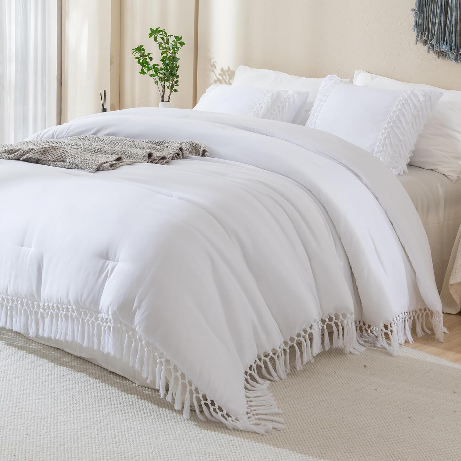 Andency White Comforter Set California King, 3 Pieces Boho
