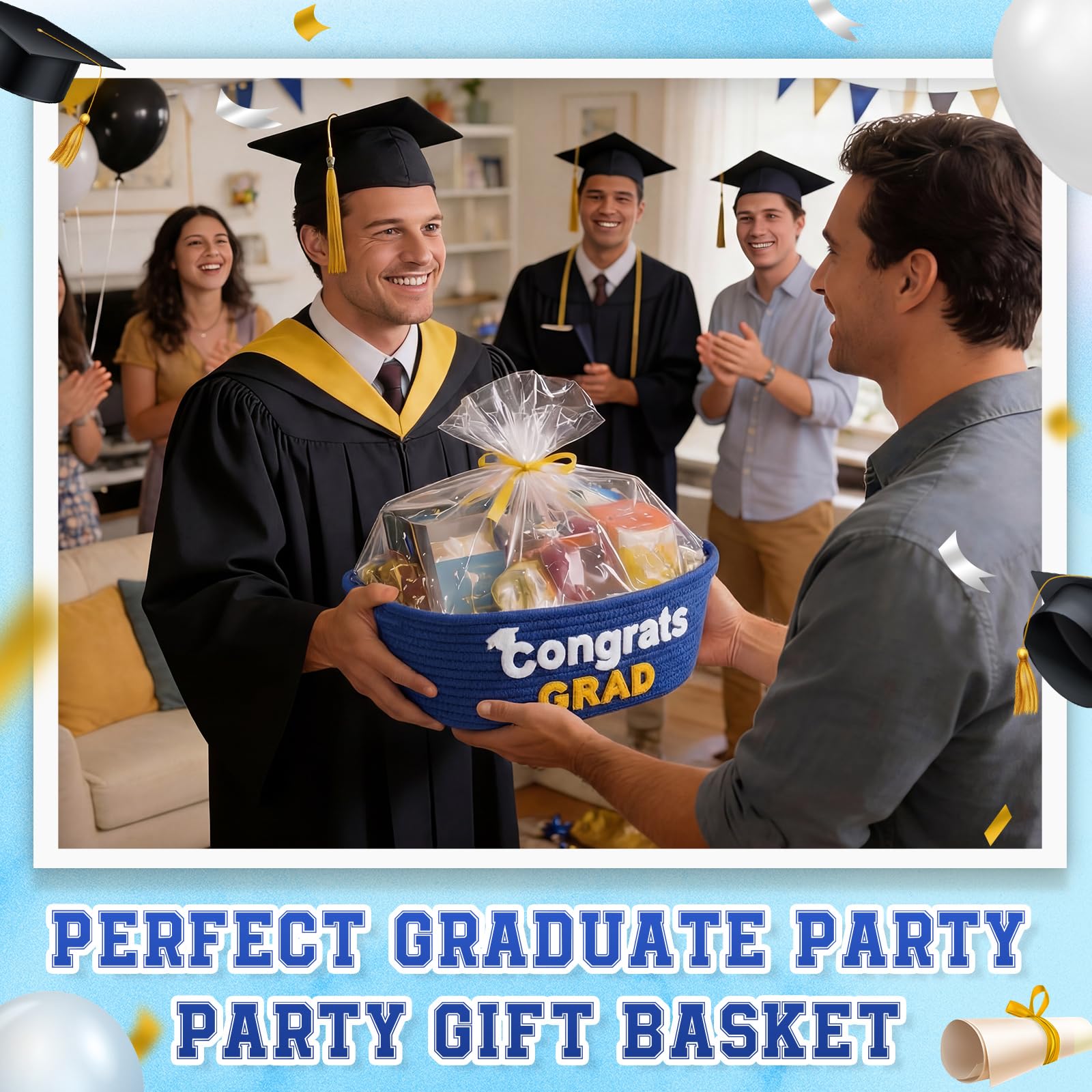 Yungyan Class of 2026 Graduation Gift Basket Empty, Small Cute Woven Rope Basket with Congrats Grad Words 12 x 8 x 5 Inch Decorative Graduation Gift Storage Baskets for College, University, PHD(Blue)