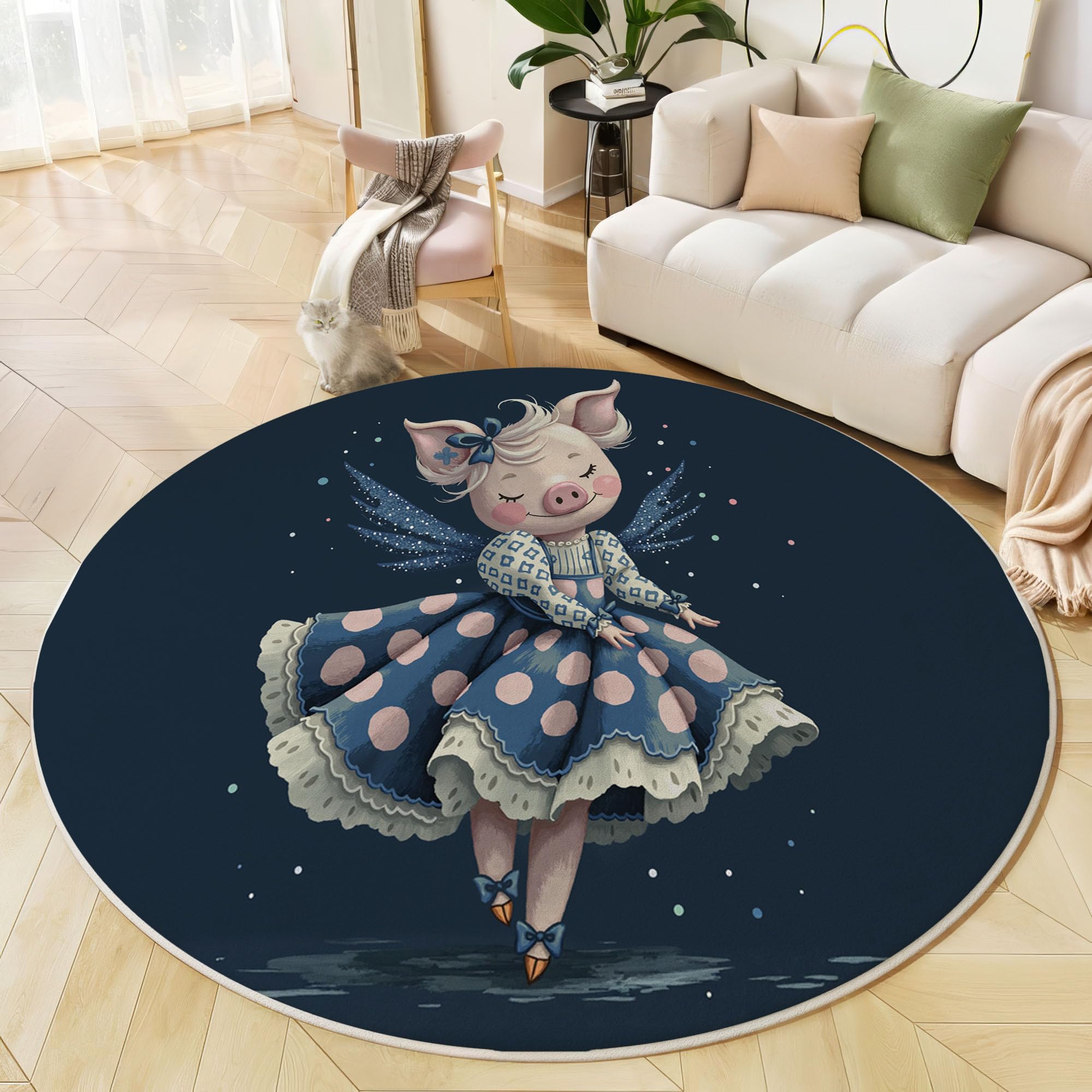 Tapis Salon Rond Diamètre 160cm, Dessin animé Fantastique Cochon en Jupe, Tapis Doux Antidérapant pour Décoration Salle à Manger Chambre Canapé Cuisine Chambre d'enfant, Bleu foncé
