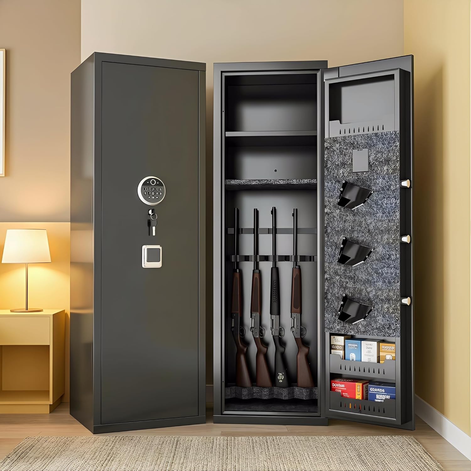 Biometric Gun Safe, Long Gun Safe, Rifle for Rifles and Pistols, Large Gun Cabinet with Fingerprint Lock for Home, No Assembly Required, Holds 14-15 Firearms with Adjustable Racks & Pistol Pockets