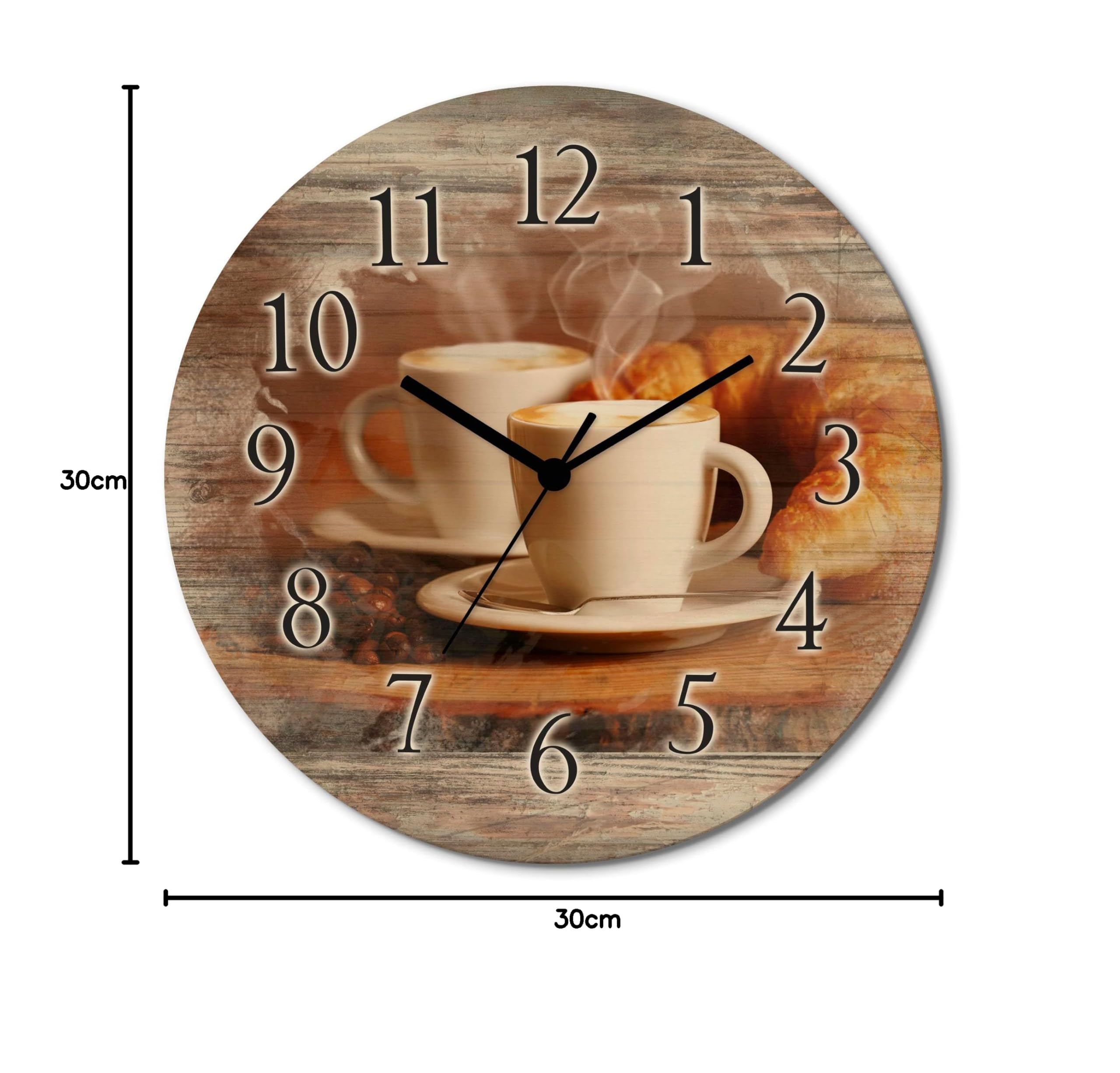 ARTLAND Wanddeko Wanduhr Holz Funkuhr ohne Tickgeräusche lautlos rund Ø 30 cm Küchenuhr Kaffee Cappuccino Croissant T5XO