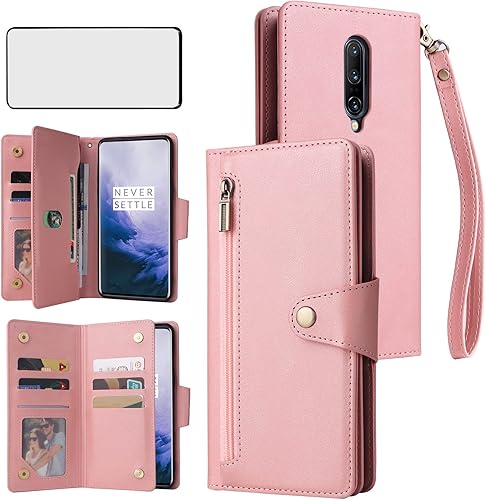 Asuwish Funda de teléfono para OnePlus 7 Pro Funda tipo cartera y protector de pantalla de cuero con tapa para tarjetero, accesorios para celular