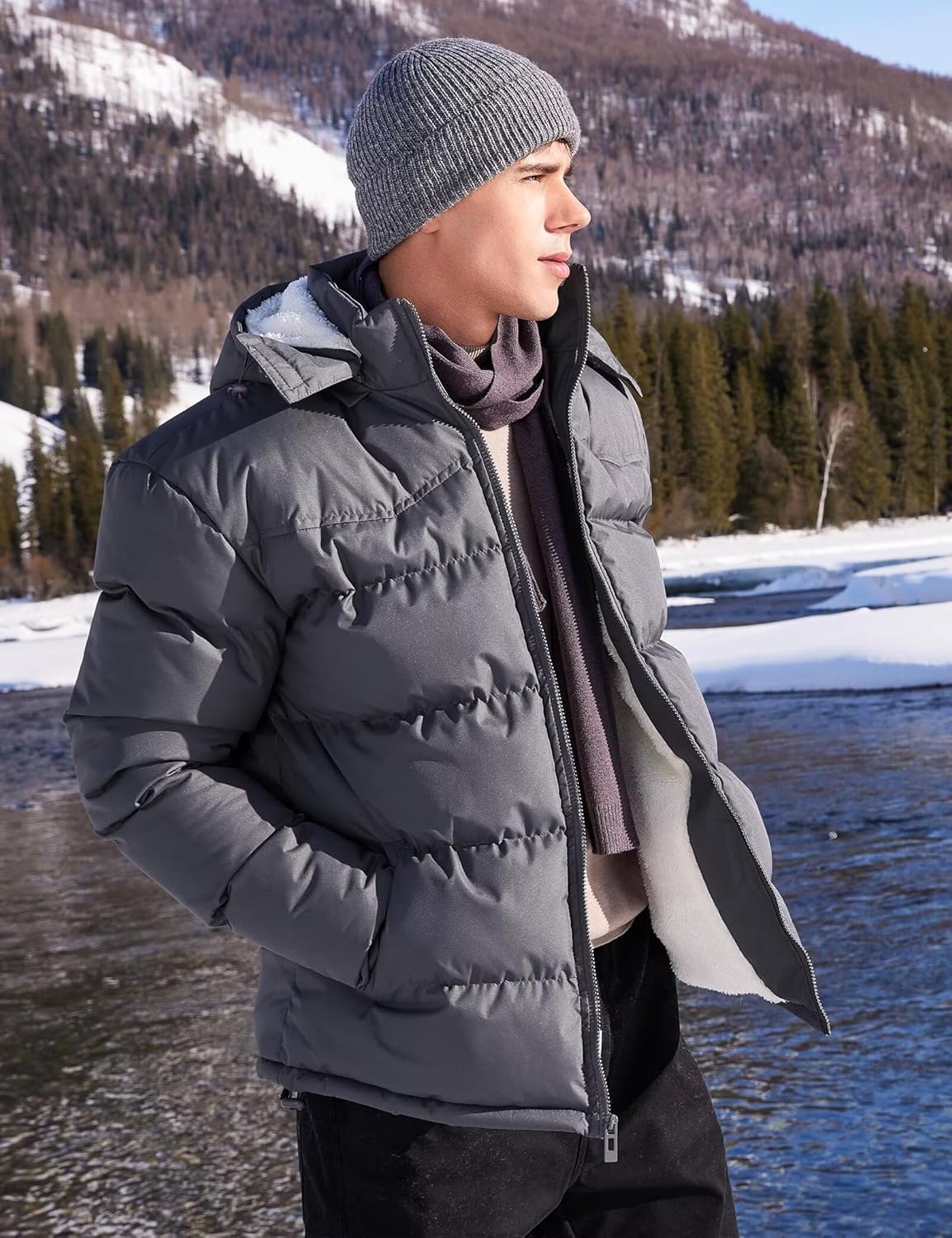 BEST SOUTH Men's Hooded Winter Puffer Jacket Fleece Warm Bubble Coat Outerwear Cold Weather - Image 3