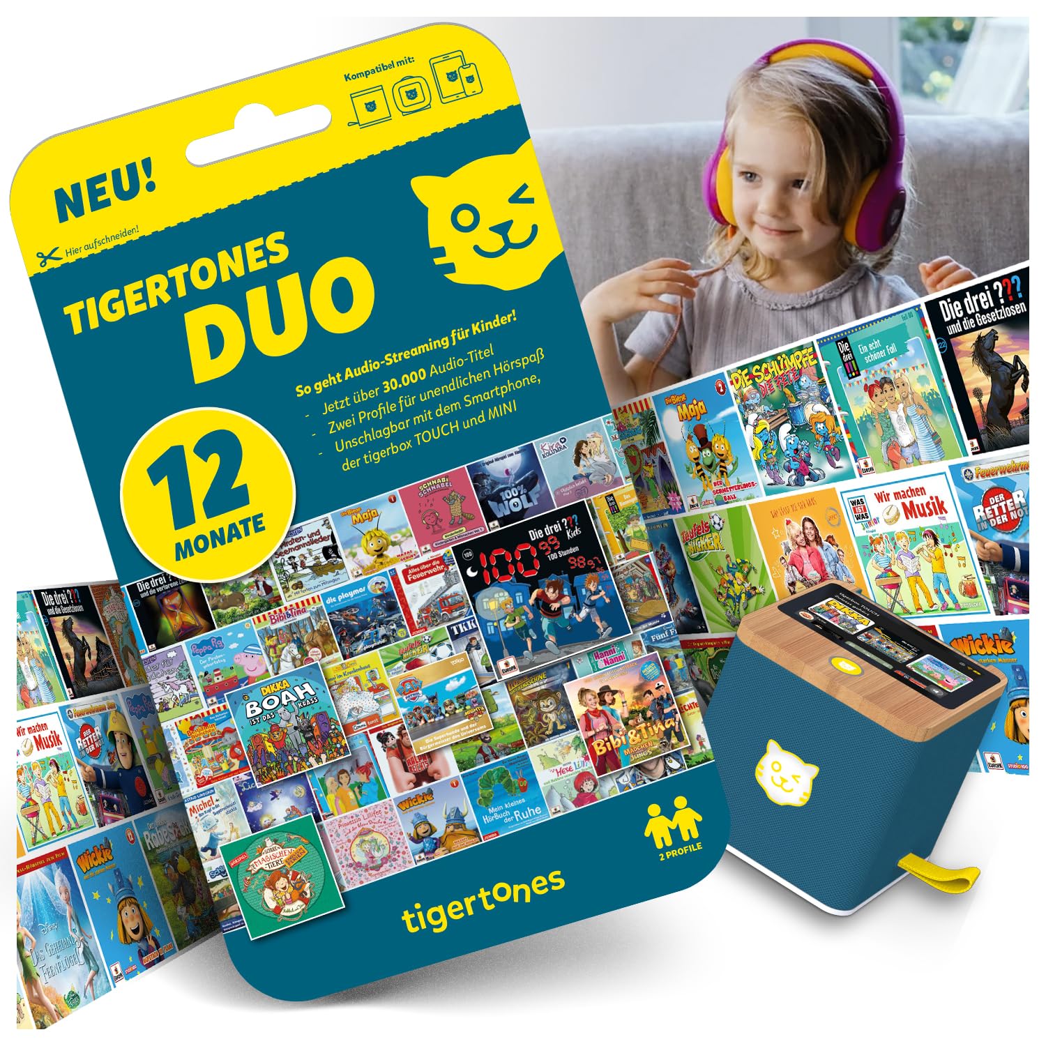 tigermedia tigertones Duo Prepaid-Zugang 12 Monate | Audio-Streamingdienst für Kinder | Über 30.000 Audiotitel | Volle Kostenkontrolle | Nutzbar mit tigerbox Touch und MINI | Musikbox