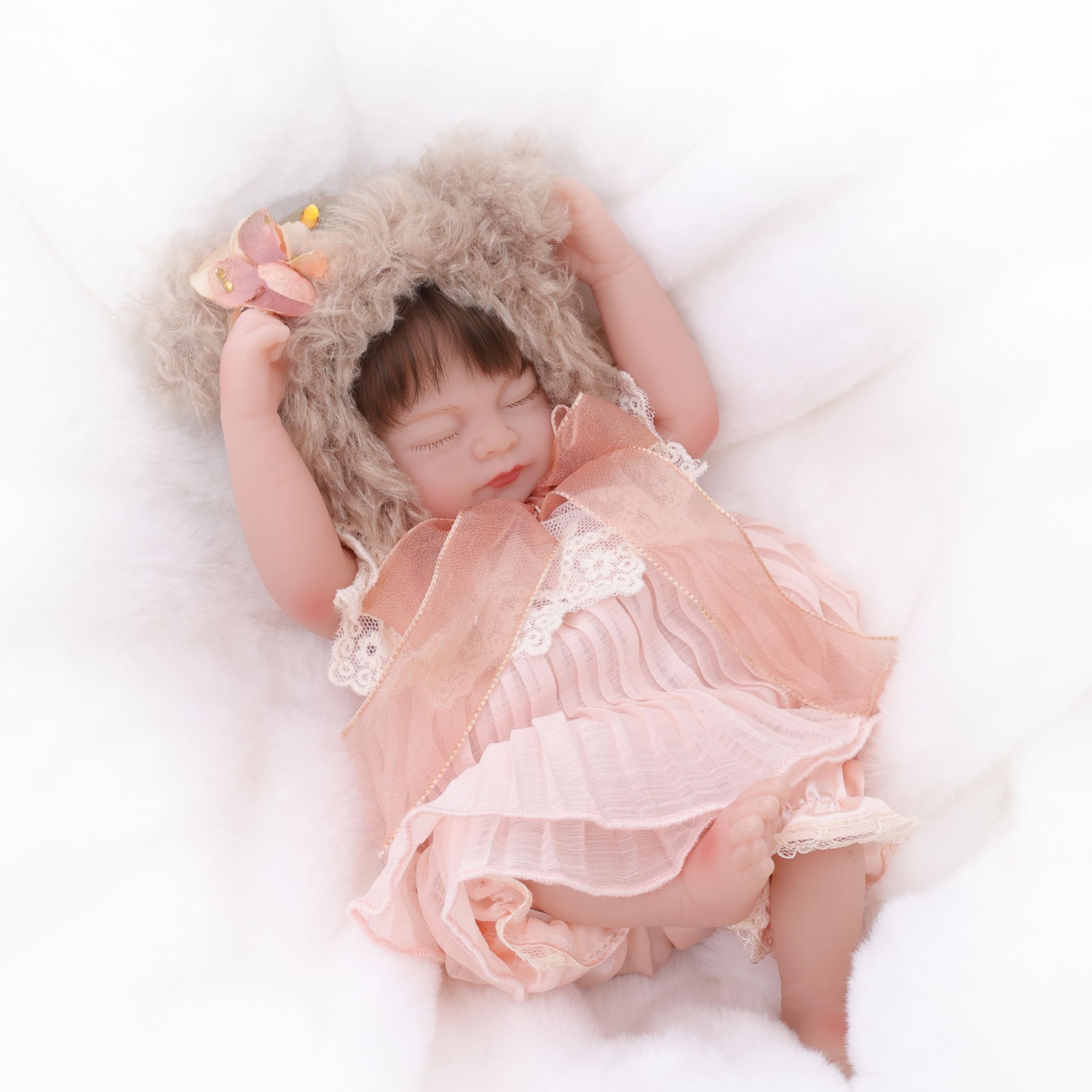 Reborn Baby Doll 12 Inch – Full Vinyl Body Lifelike Baby Girl with Brown Bear Hat & Gentle Features – Comfort Doll Gift for Kids or Collectors