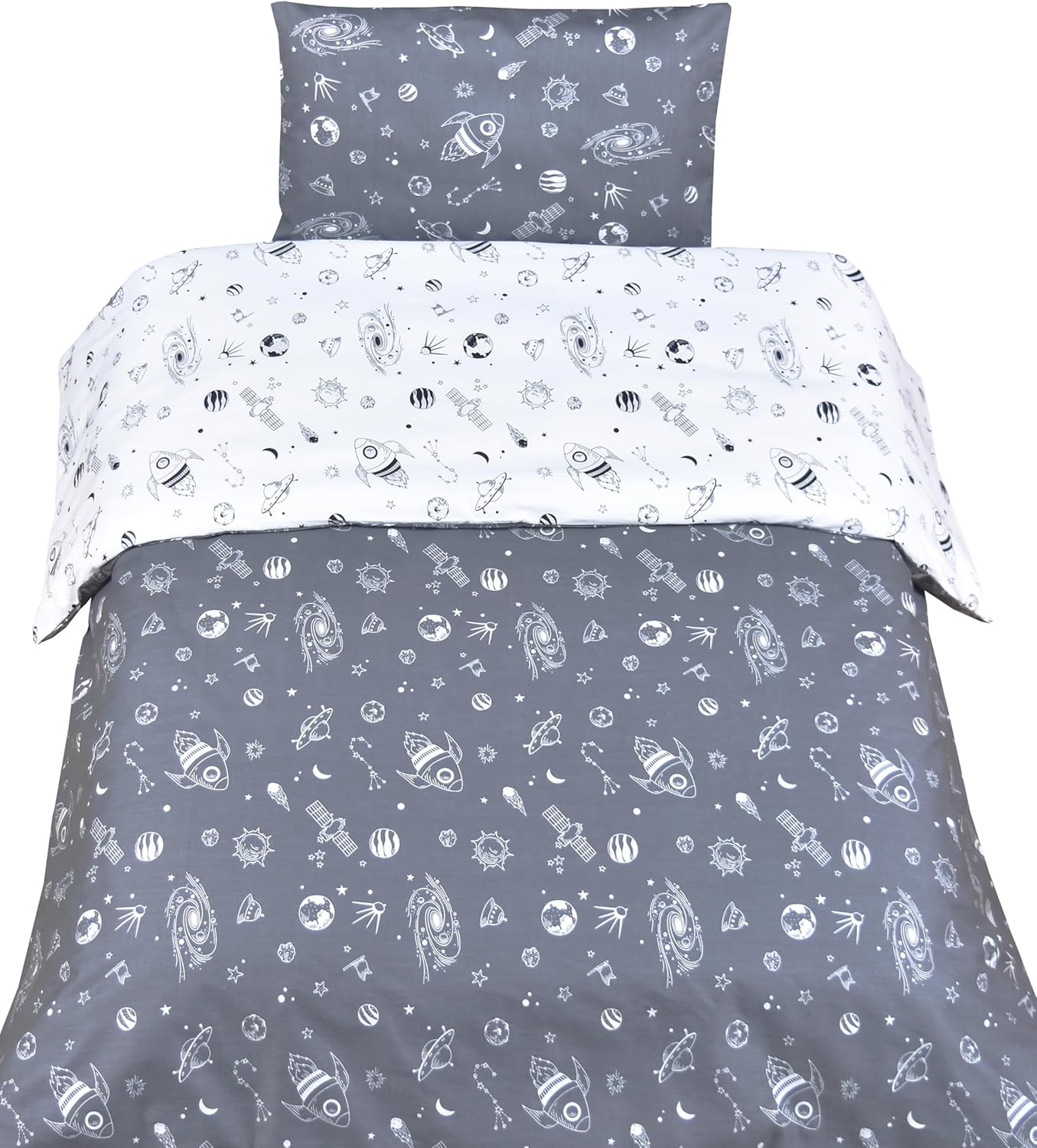 MEJU Rocket Planet Space Universe 100% Cotton Duvet Cover 43" X 59" + Pillowcase 13" X19" Bedding Set with Zipper Closure for Baby Toddler Boys Girls Crib Bed Decoration Gift (Rocket 2)