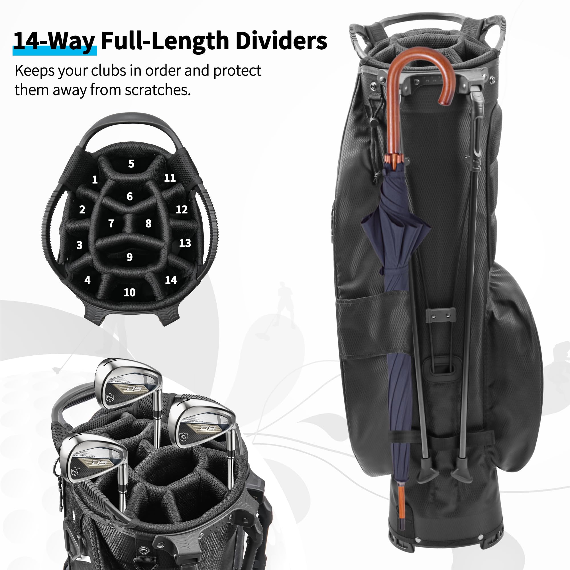 Golf Stand Bag 14 Way Full-Length Dividers with Stand, Lightweight Waterproof Golf Bag, 8 Pockets, Cooler Pouch,Golf Club Bag for Men, Dual Strap, Rain Hood, Black