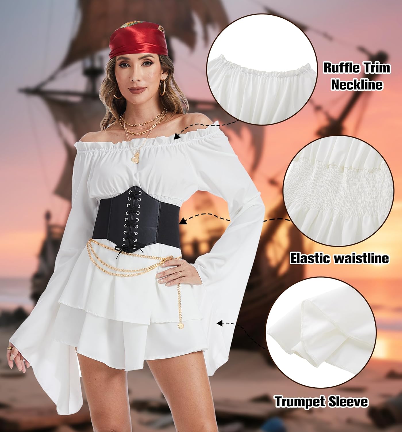 Pirate Costume Women Dress White Pirate Dress with Corset Necklace Bandana Headscarf Accessories - Image 4