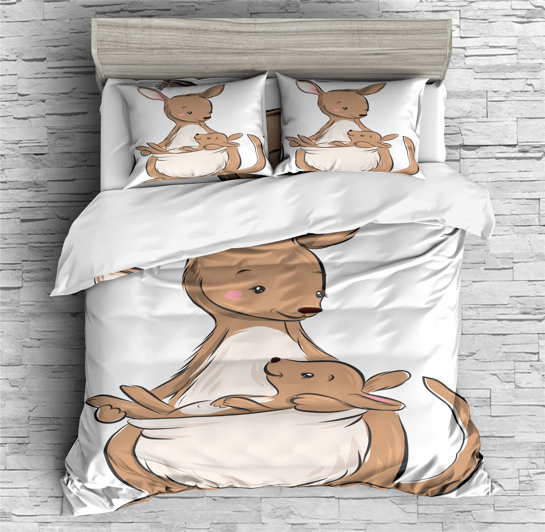 REALIN Cute Cartoon Animal Kangaroo Bedding Kangaroo Print Duvet Cover Set Girl Boy Kids Bed Sets 2/3/4PCS Quilt Covers/Sheets/Pillow Shams,Twin/Full/Queen/King (C,Full-200x229cm-3PCS)