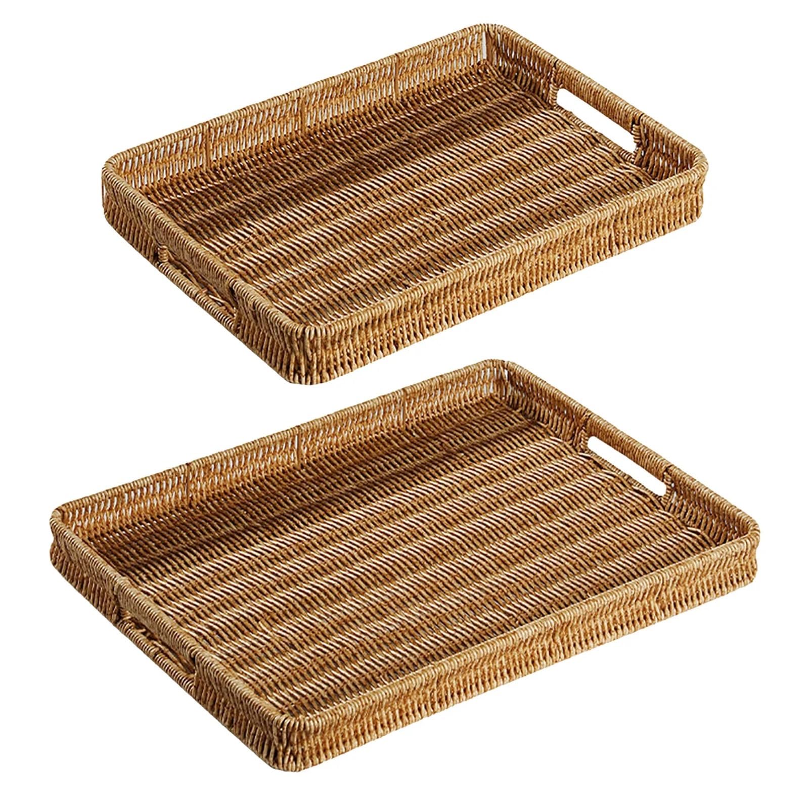 2 Pcs Rectangular Rattan Serving Tray Wicker Woven Basket Bathroom Bread Baskets With Handles Storage For Parties for Home