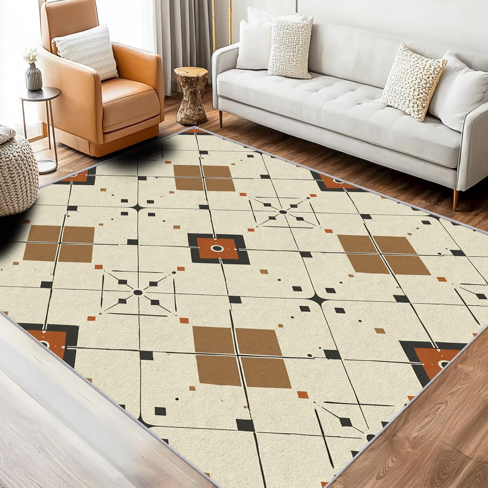 Tapis rétro années 50 beige 180x240cm lavable et antidérapant