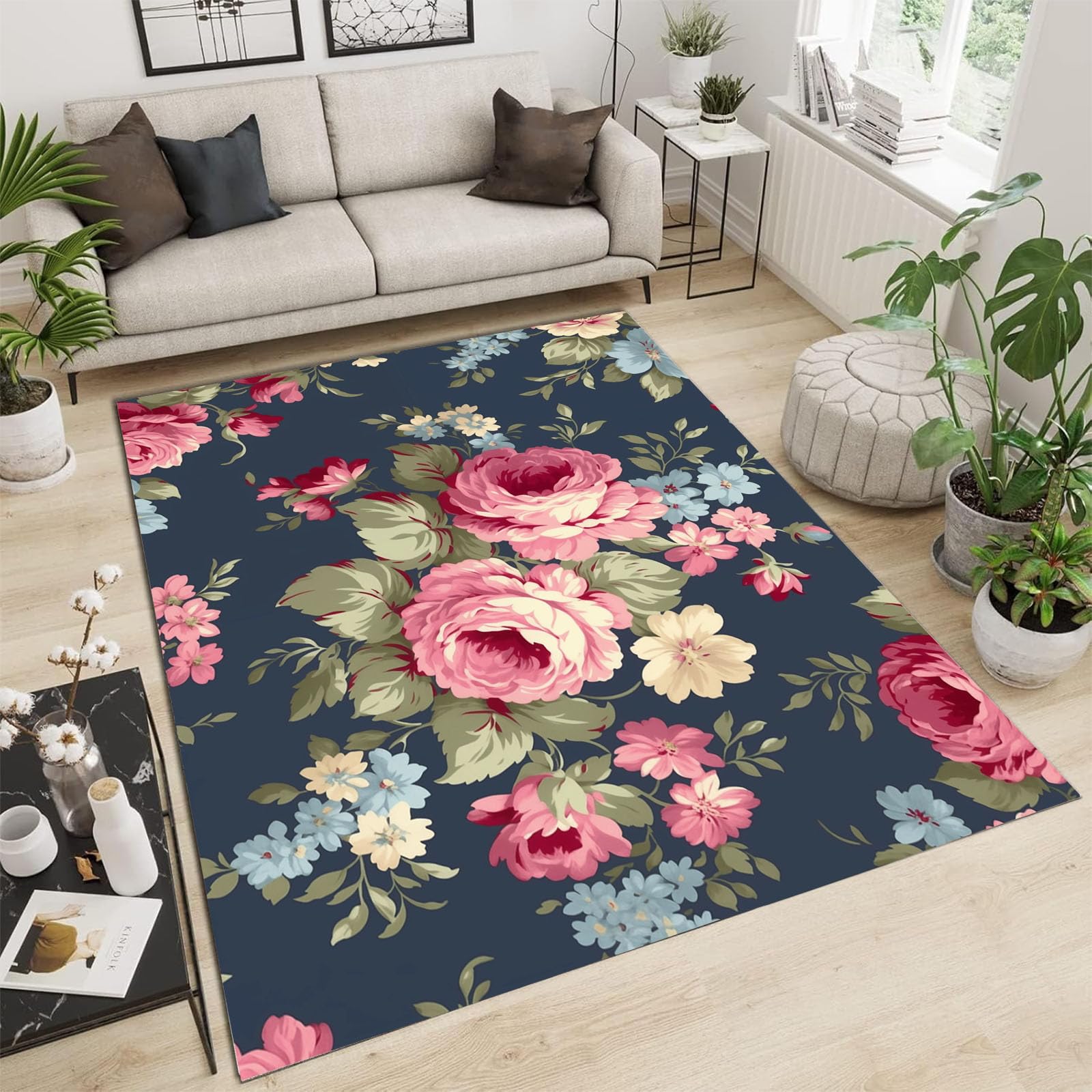 Tapis de salon floral vintage bleu foncé grand format 240x300cm