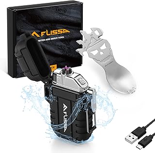 FLISSA Waterproof Electric Lighter, Windproof Plasma Lighter, Flameless Dual Arc Lighters with Multitool Spoon, USB Rechargeable Electric Lighters for Camping, Hiking, Tactical, Survival 2 Pieces Tool Set