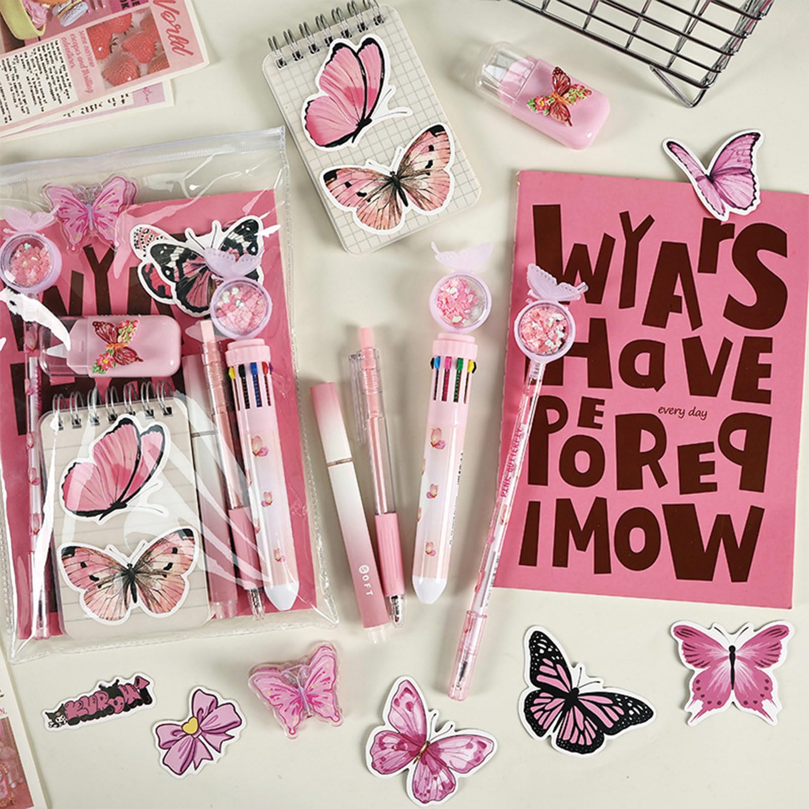 MOZXIRZ Zestaw przyborów piśmienniczych z uroczym motylem dla dziewcząt, chłopców, dzieci, kobiet, powrót do szkoły, artykuły biurowe, kawaii, artykuły pa, prezent, motyl, różowy, 9 szt